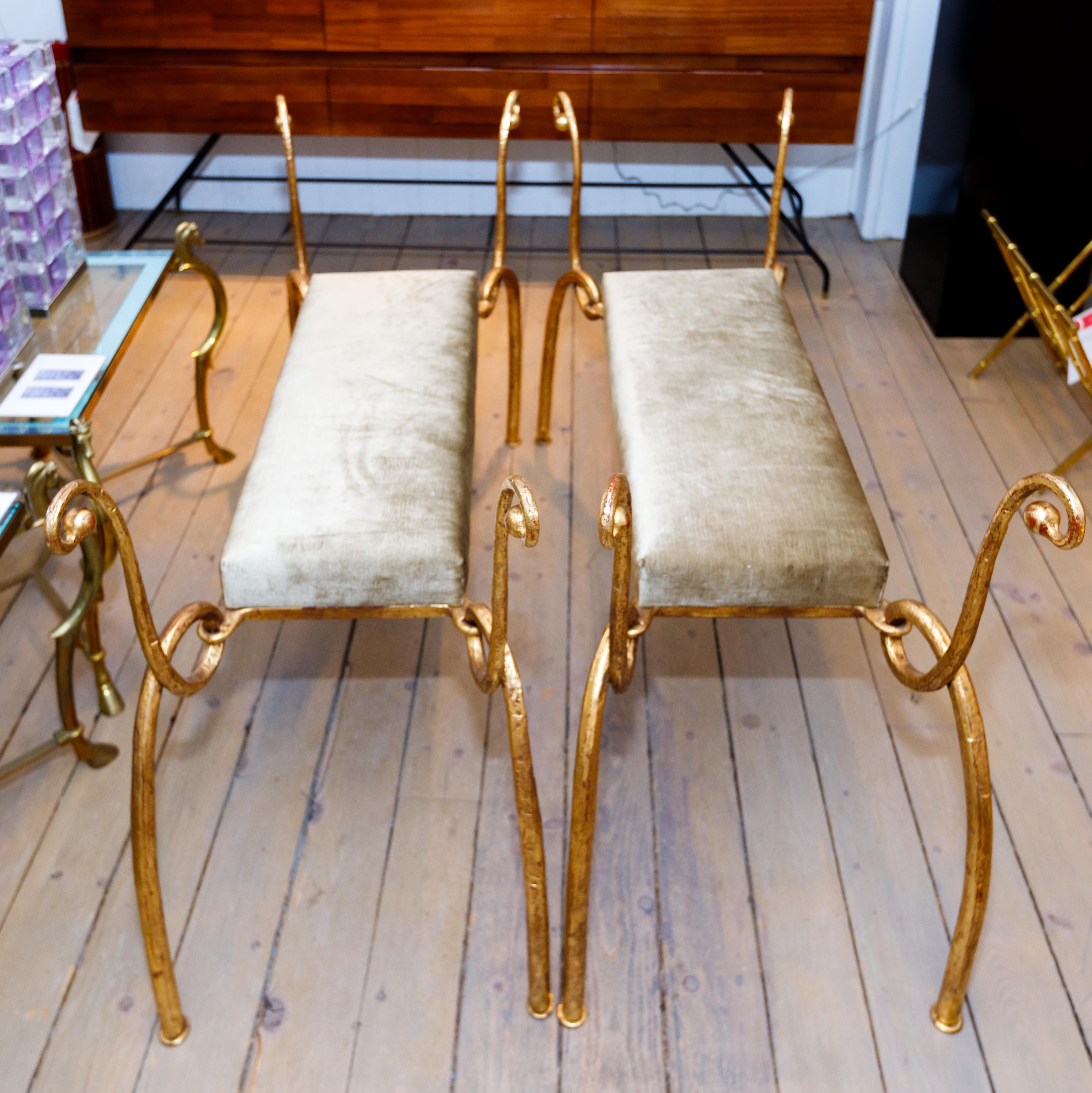 French Curvilinear Gilt Iron Bench with Upholstered Seat