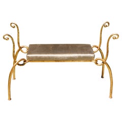Curvilinear Gilt Iron Bench with Upholstered Seat