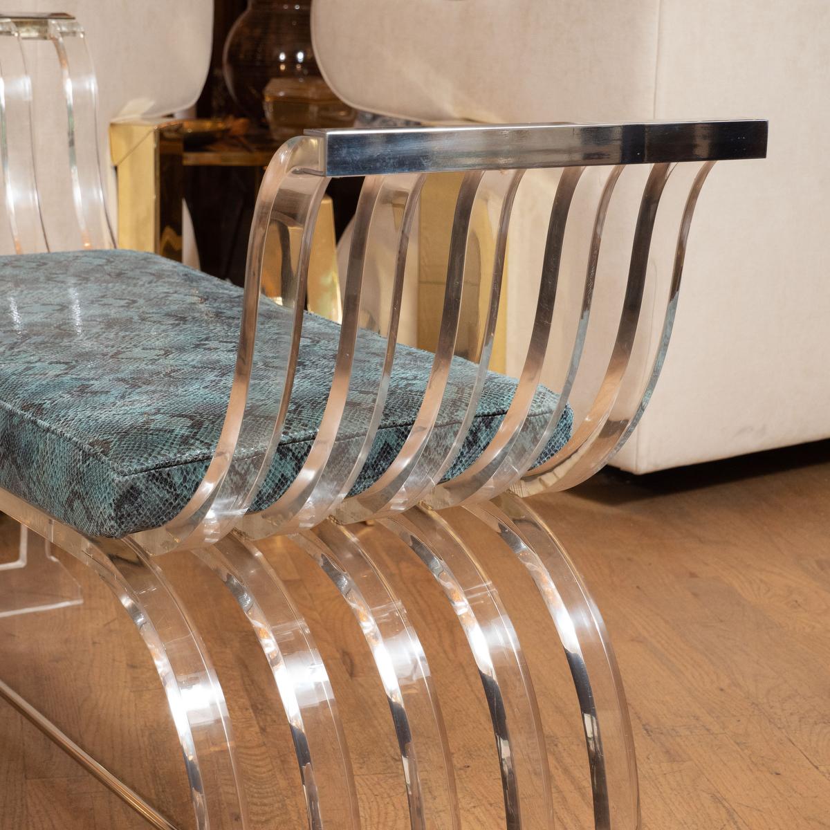 American Curvilinear lucite and chrome bench For Sale