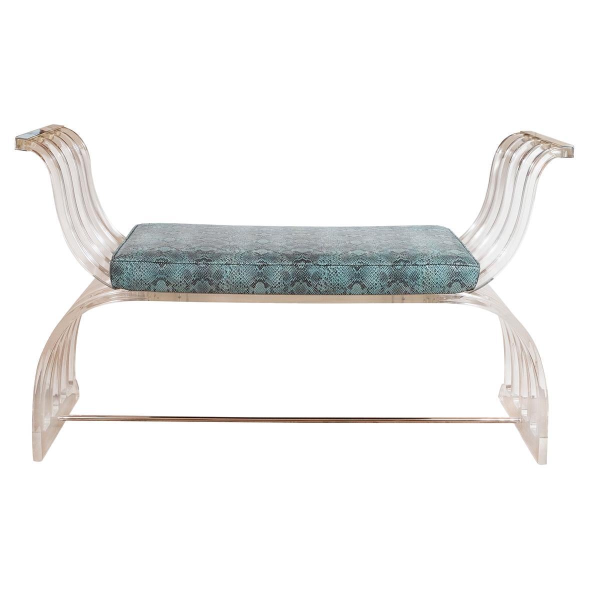 Curvilinear lucite and chrome bench For Sale