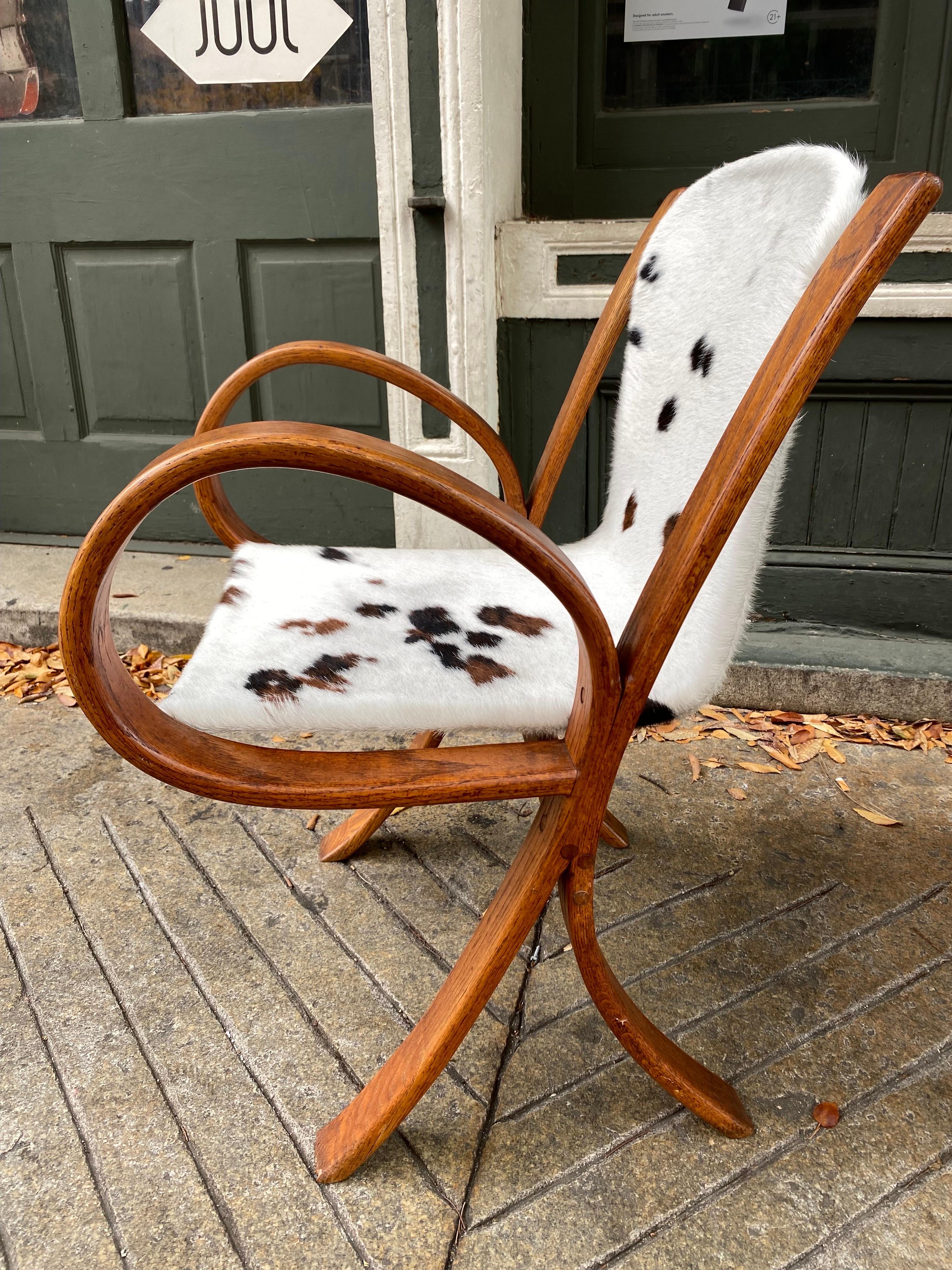 Mid-Century Modern Curvy Bentwood Cowhide Sling Chairs attributed to Jindrich Halabala