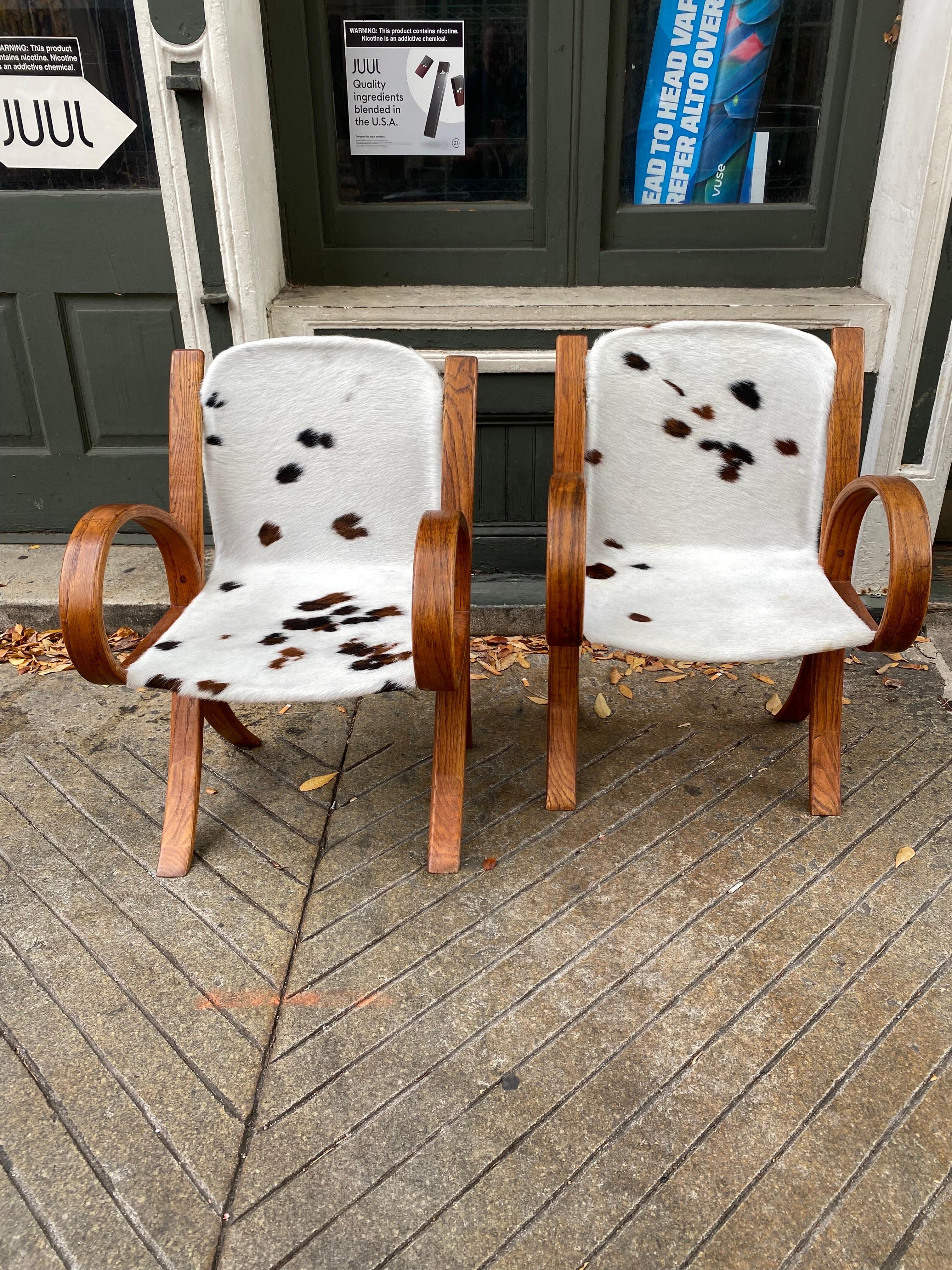 Czech Curvy Bentwood Cowhide Sling Chairs attributed to Jindrich Halabala