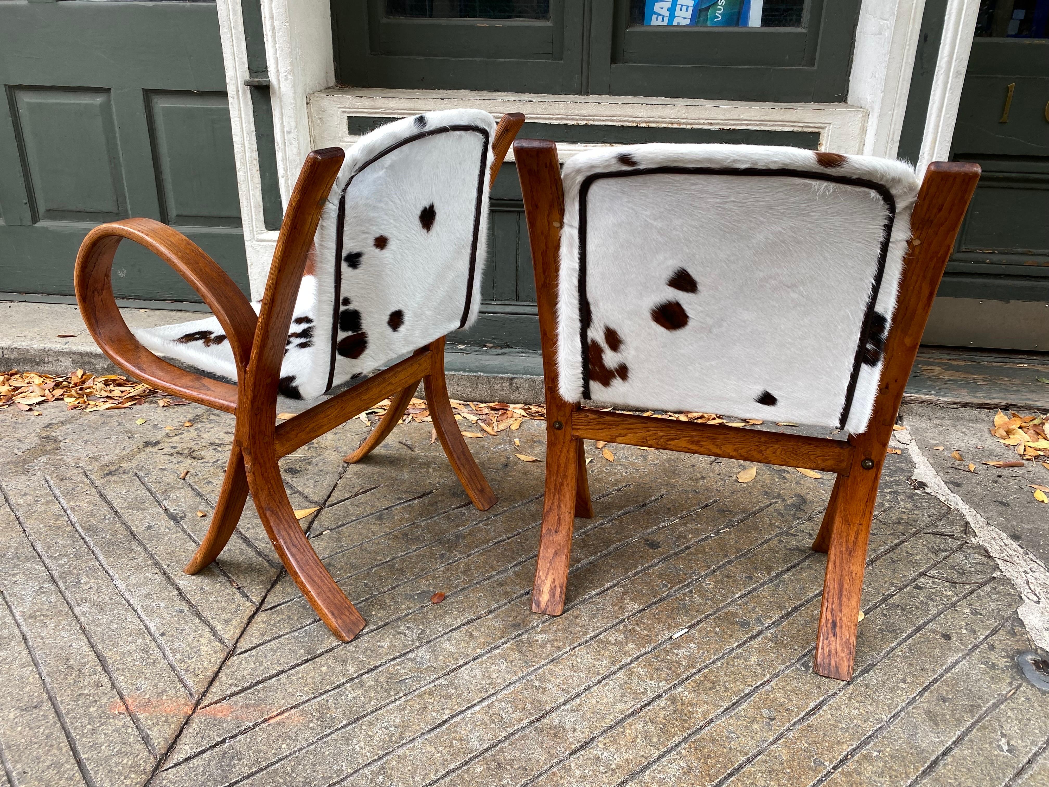 Leather Curvy Bentwood Cowhide Sling Chairs attributed to Jindrich Halabala