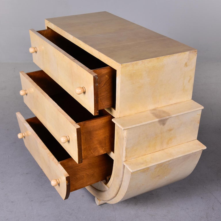 Curvy Deco Style Italian Three Drawer Parchment Covered Chest For Sale