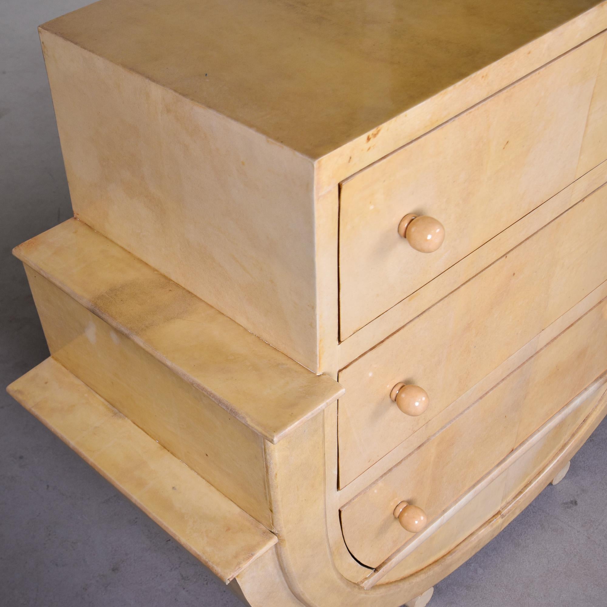 Wood Curvy Deco Style Italian Three Drawer Parchment Covered Chest For Sale