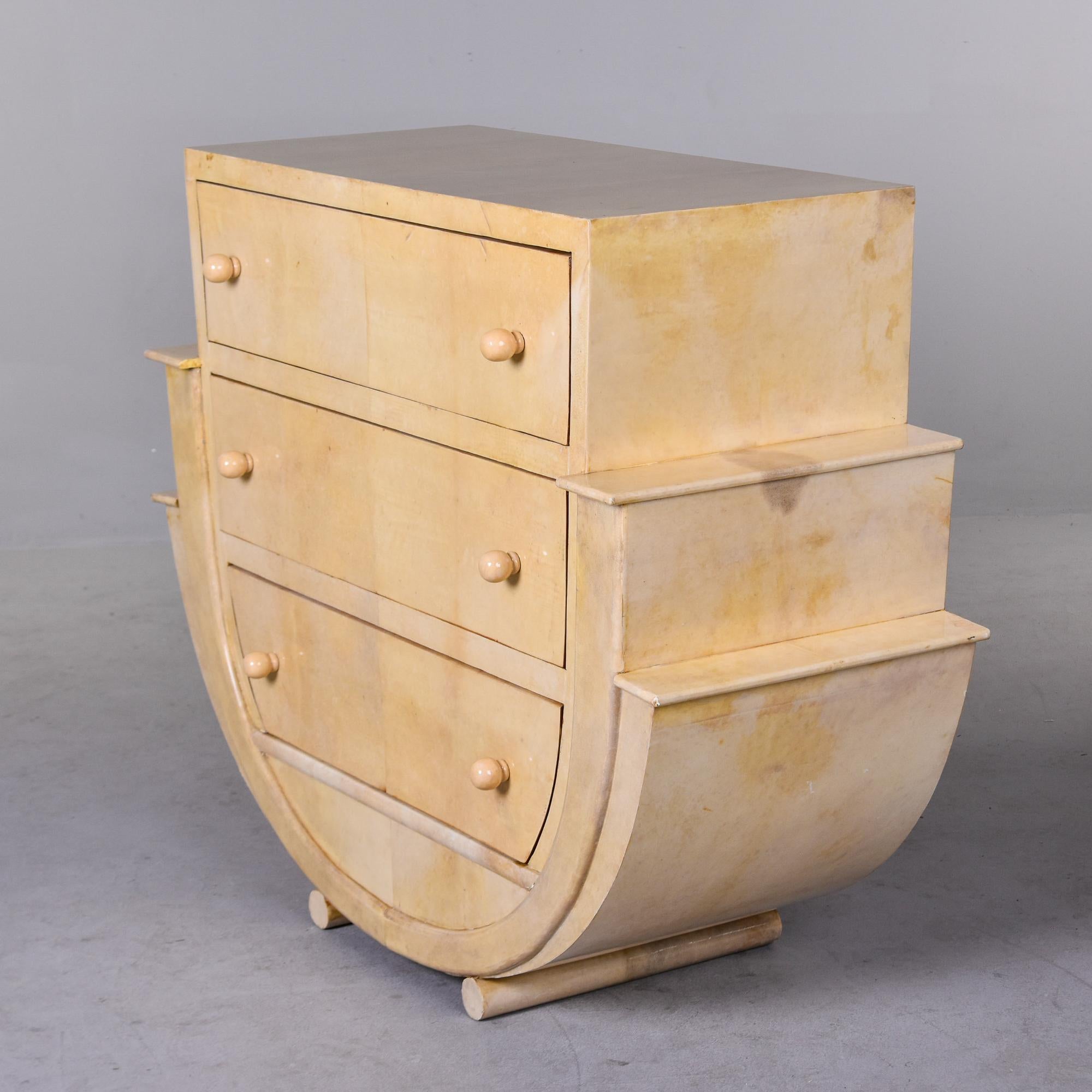 Curvy Deco Style Italian Three Drawer Parchment Covered Chest For Sale 2