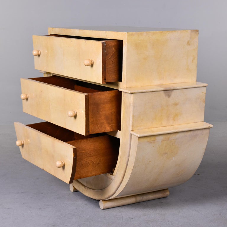 Curvy Deco Style Italian Three Drawer Parchment Covered Chest For Sale