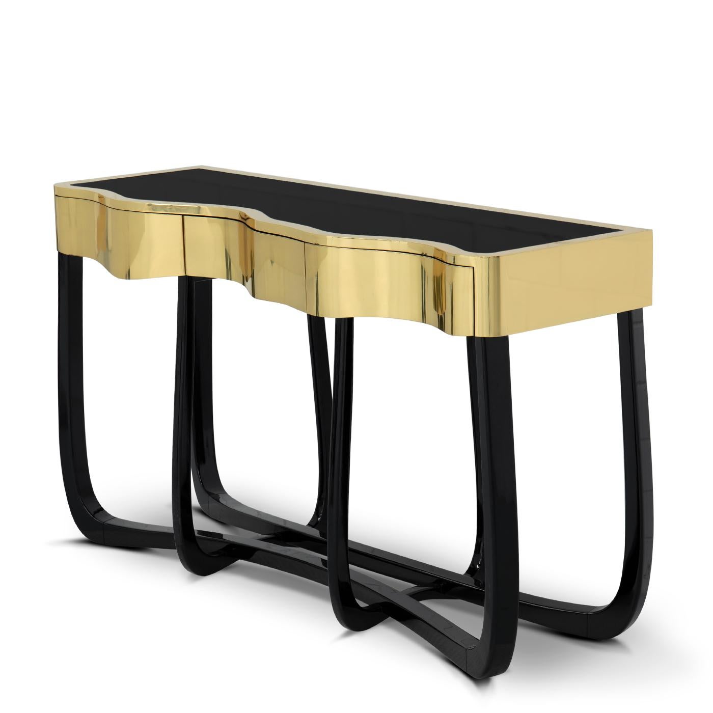 Lacquered Curvy Gold Console Table For Sale