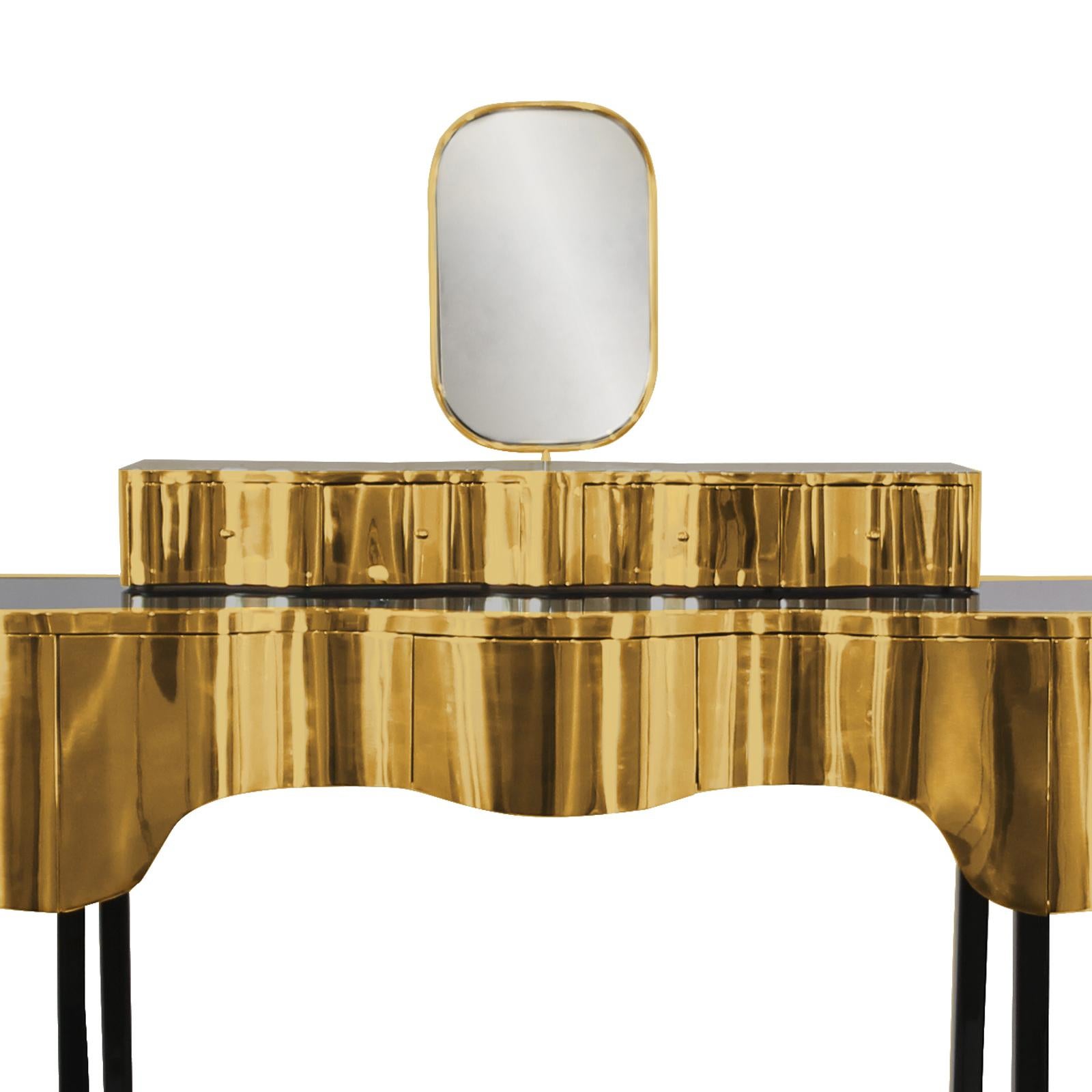 Brass Curvy Mirror Room Console Table For Sale