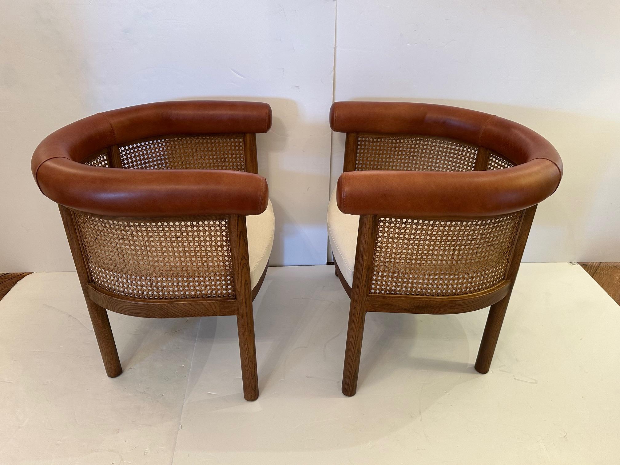 Modern Curvy Pair of Caned Upholstered & Leather Club Chairs For Sale