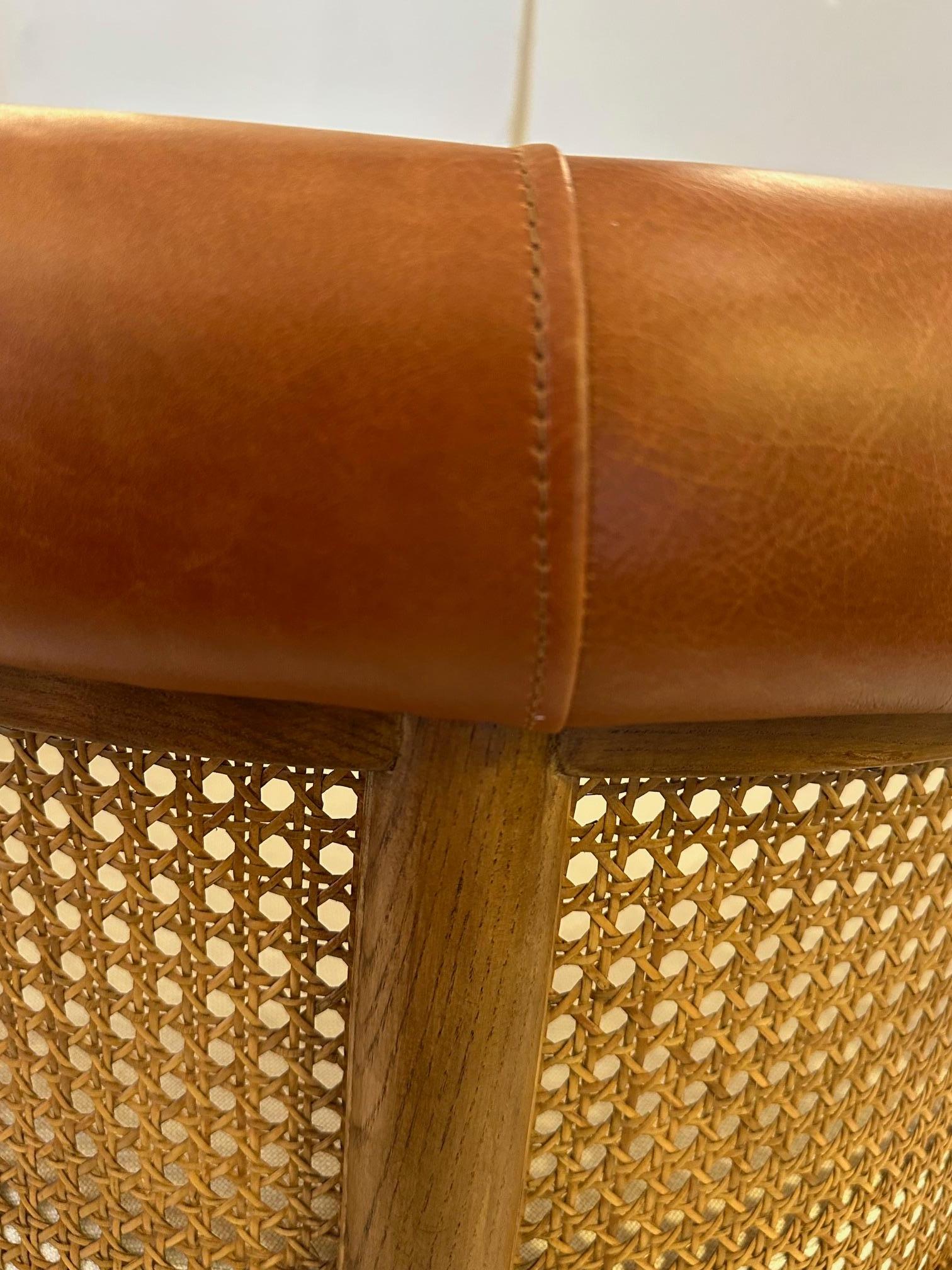 American Curvy Pair of Caned Upholstered & Leather Club Chairs For Sale