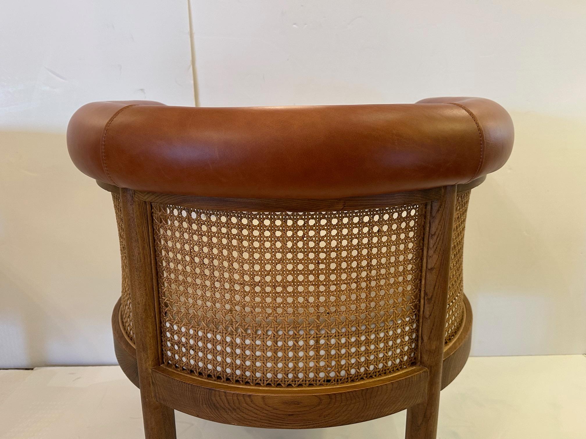 Curvy Pair of Caned Upholstered & Leather Club Chairs In Good Condition For Sale In Hopewell, NJ