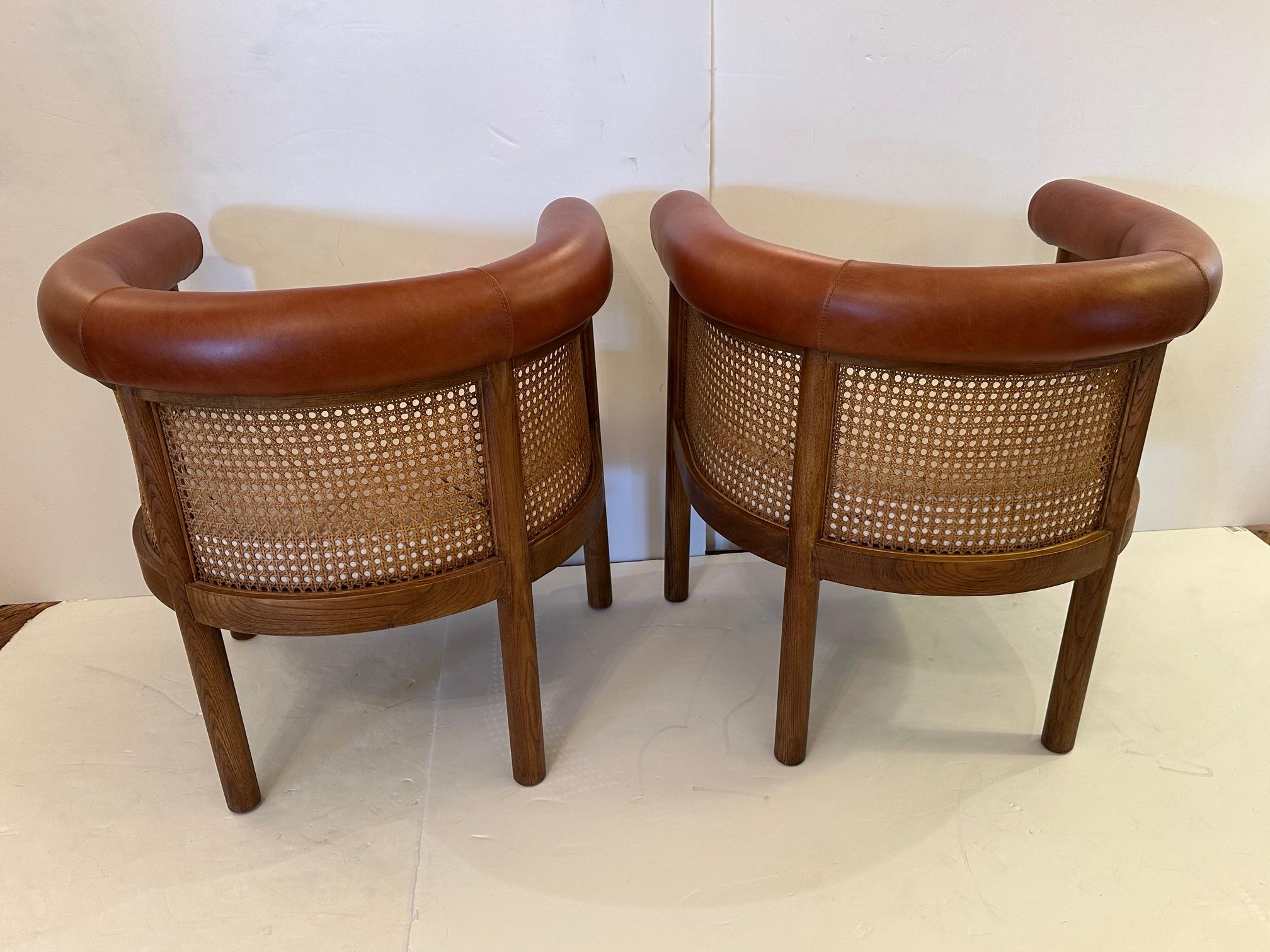 Contemporary Curvy Pair of Caned Upholstered & Leather Club Chairs For Sale