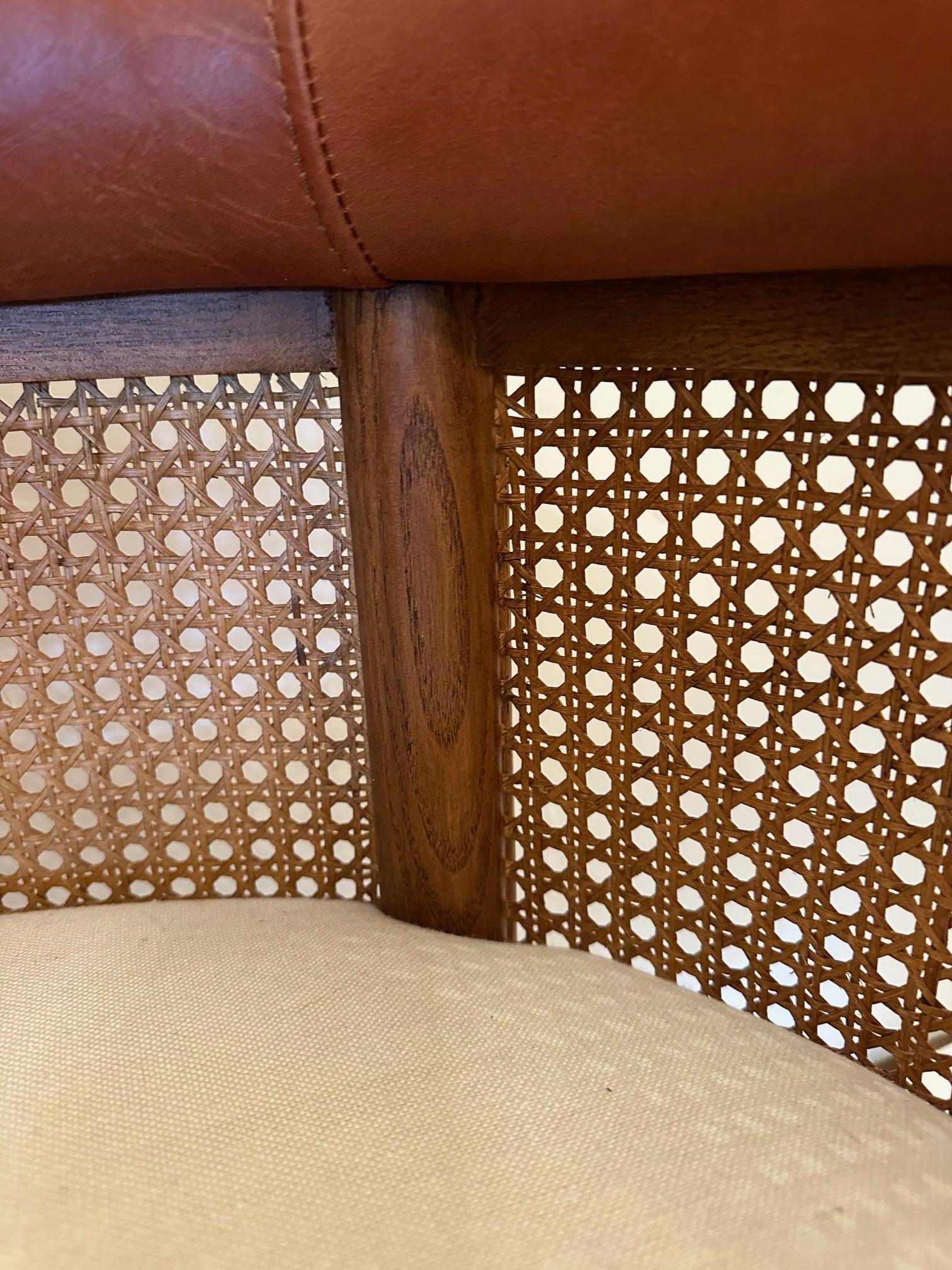 Curvy Pair of Caned Upholstered & Leather Club Chairs For Sale 1