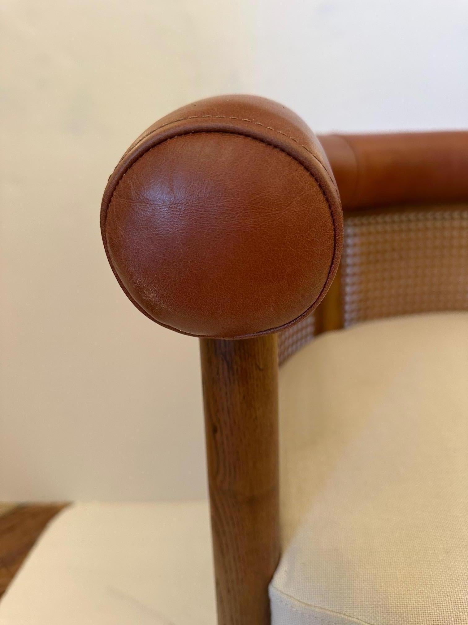 Curvy Pair of Caned Upholstered & Leather Club Chairs For Sale 2