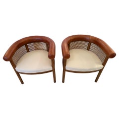 Curvy Pair of Caned Upholstered & Leather Club Chairs