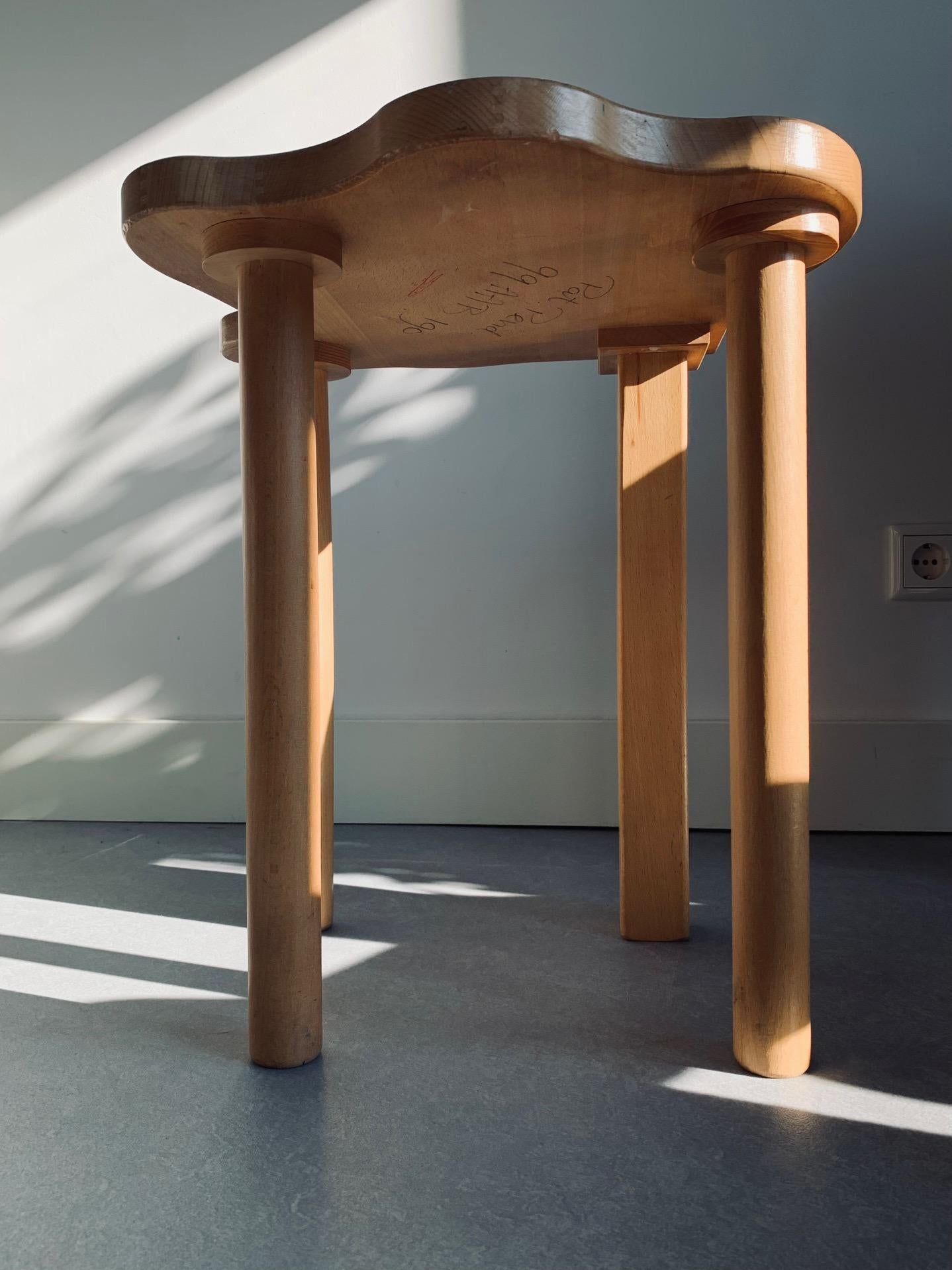 French Curvy Wooden Stool by Rene Herbst 90's Postmodern Oak