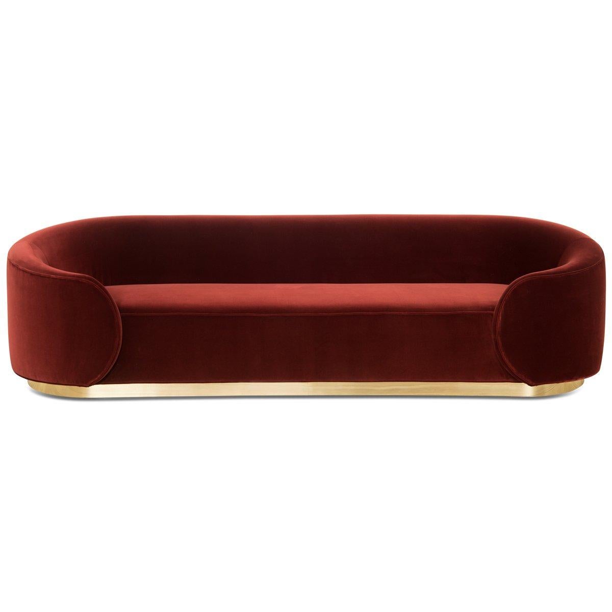Curvy Wrap-Round Eden Rock Sofa with Velvet Upholstery with Polished Brass Base For Sale 1