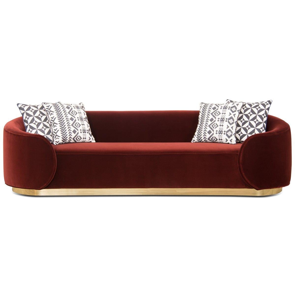 Curvy Wrap-Round Eden Rock Sofa with Velvet Upholstery with Polished Brass Base For Sale 3