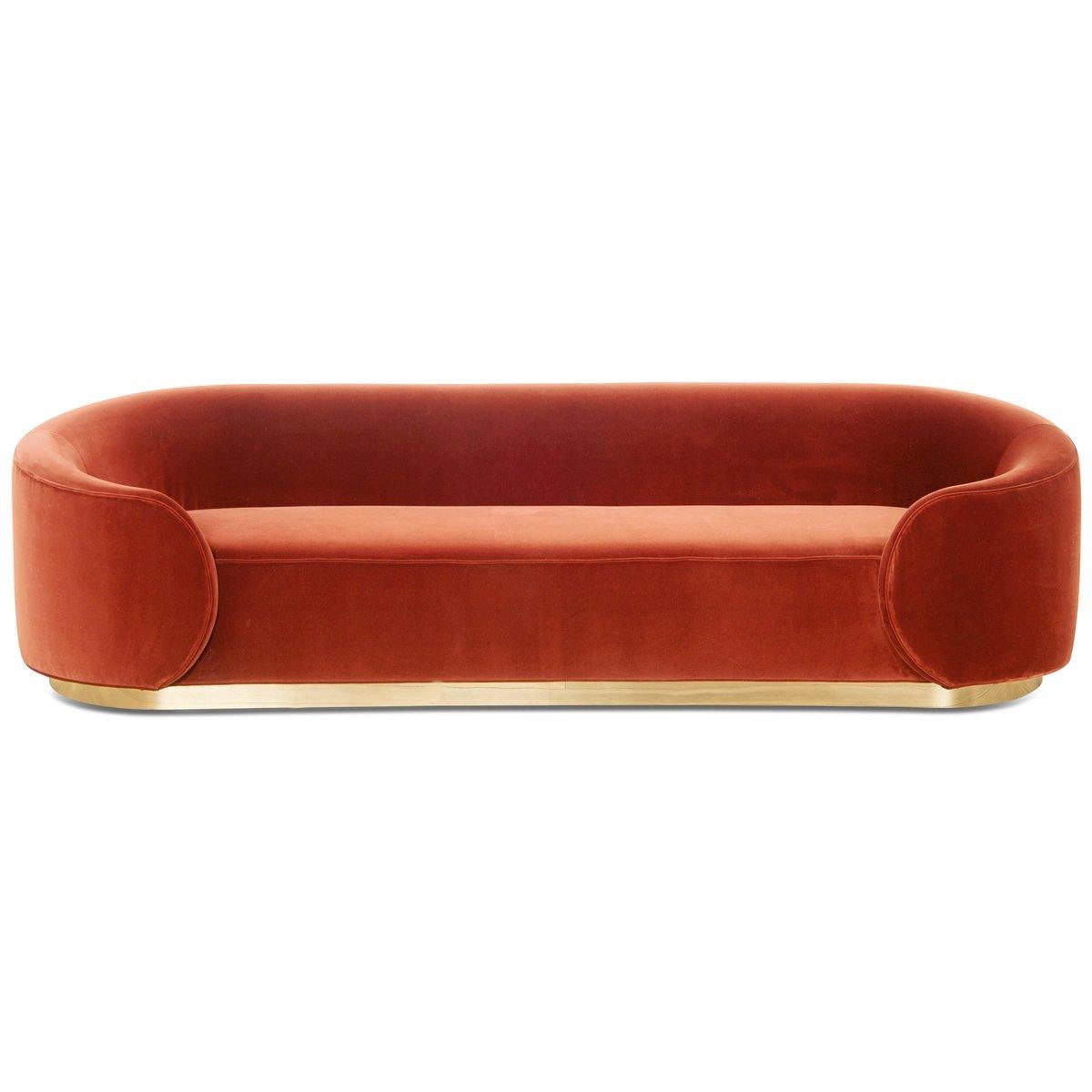 Curvy Wrap-Round Eden Rock Sofa with Velvet Upholstery with Polished Brass Base For Sale 5
