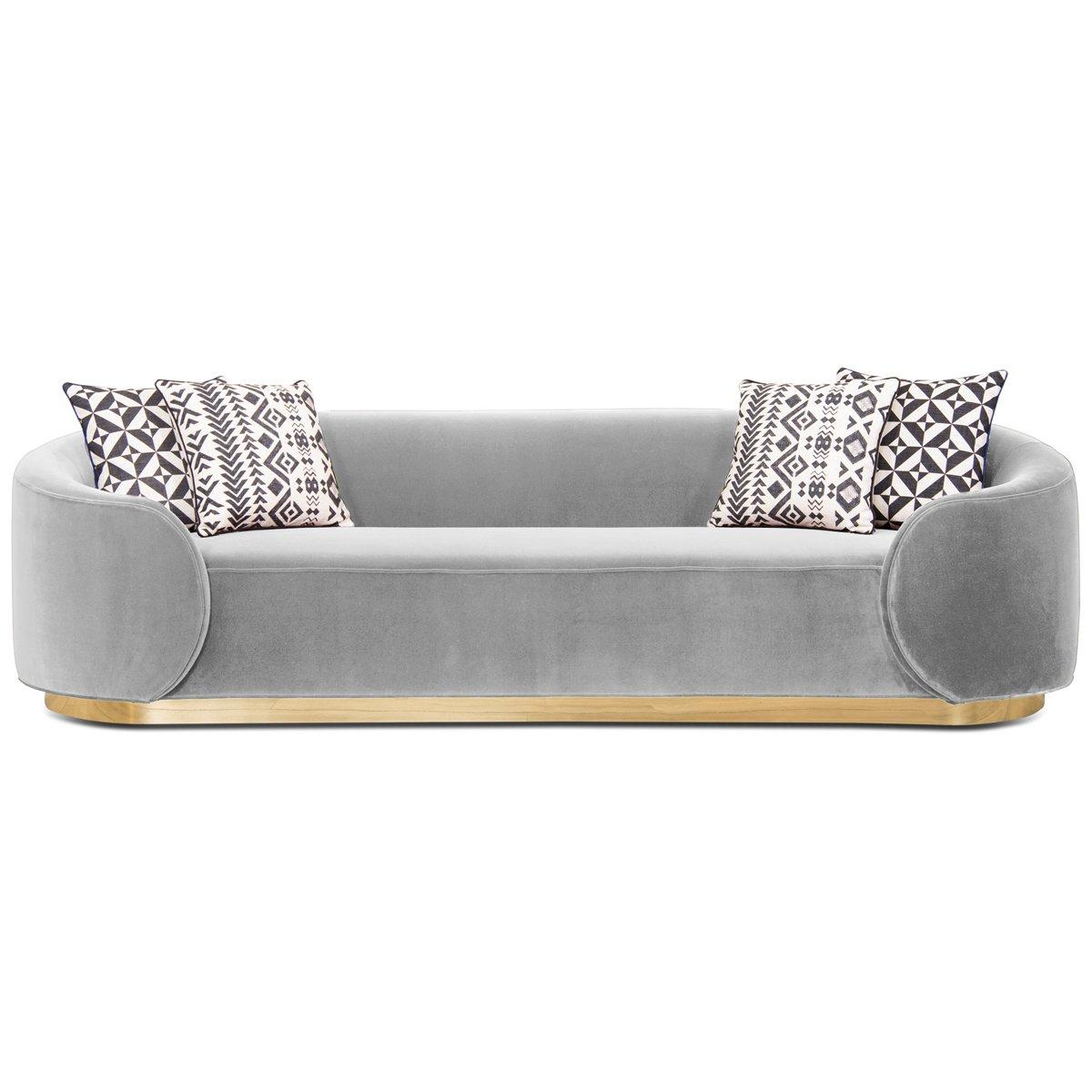 Curvy Wrap-Round Eden Rock Sofa with Velvet Upholstery with Polished Brass Base For Sale 7