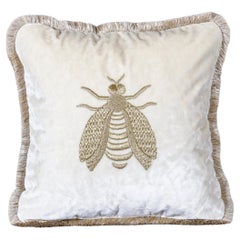 Estensi cotton velvet pillow with embroidered Queen Bee, ivory color