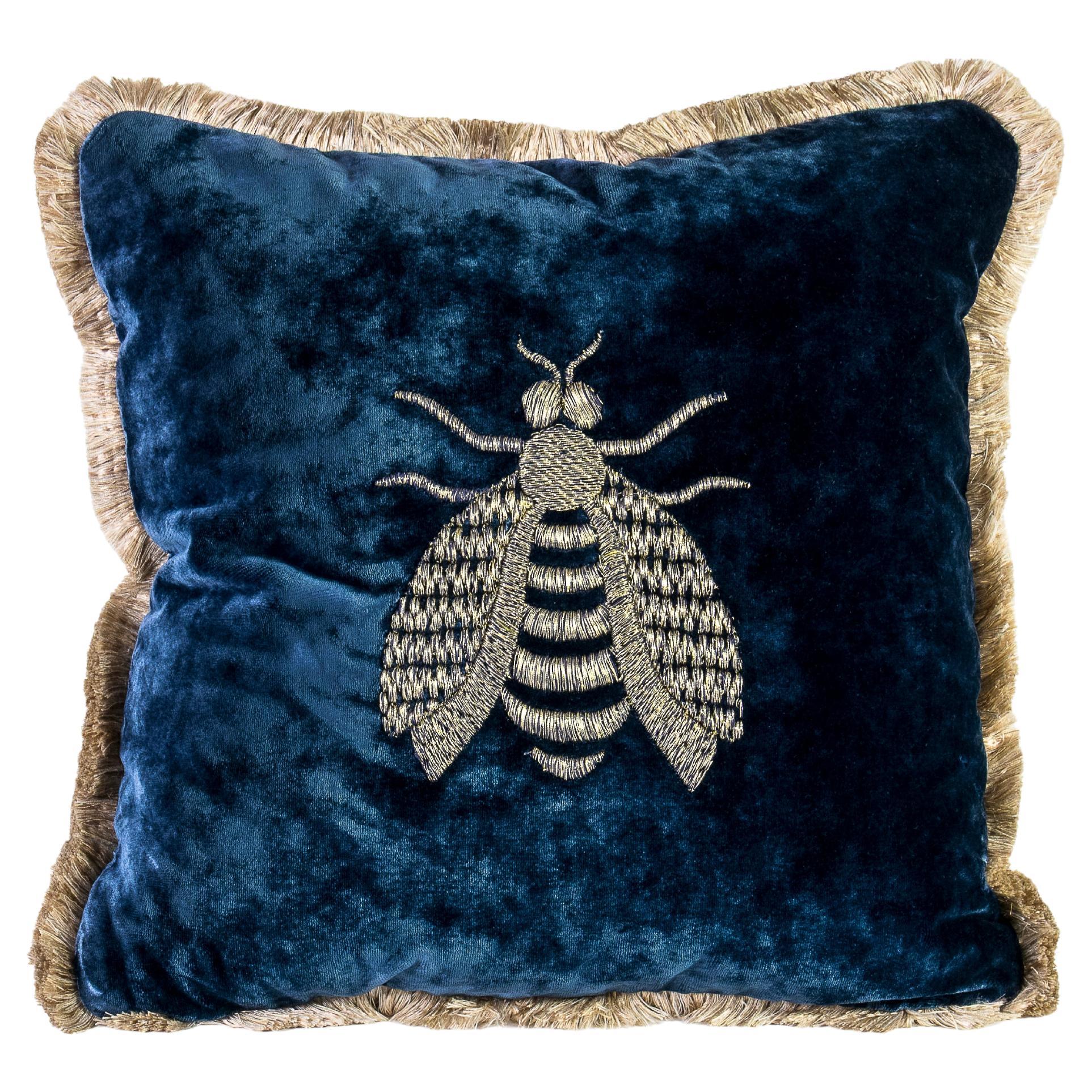 Cuscino Estensi in velluto di cotone con Ape regina ricamata, colore blu