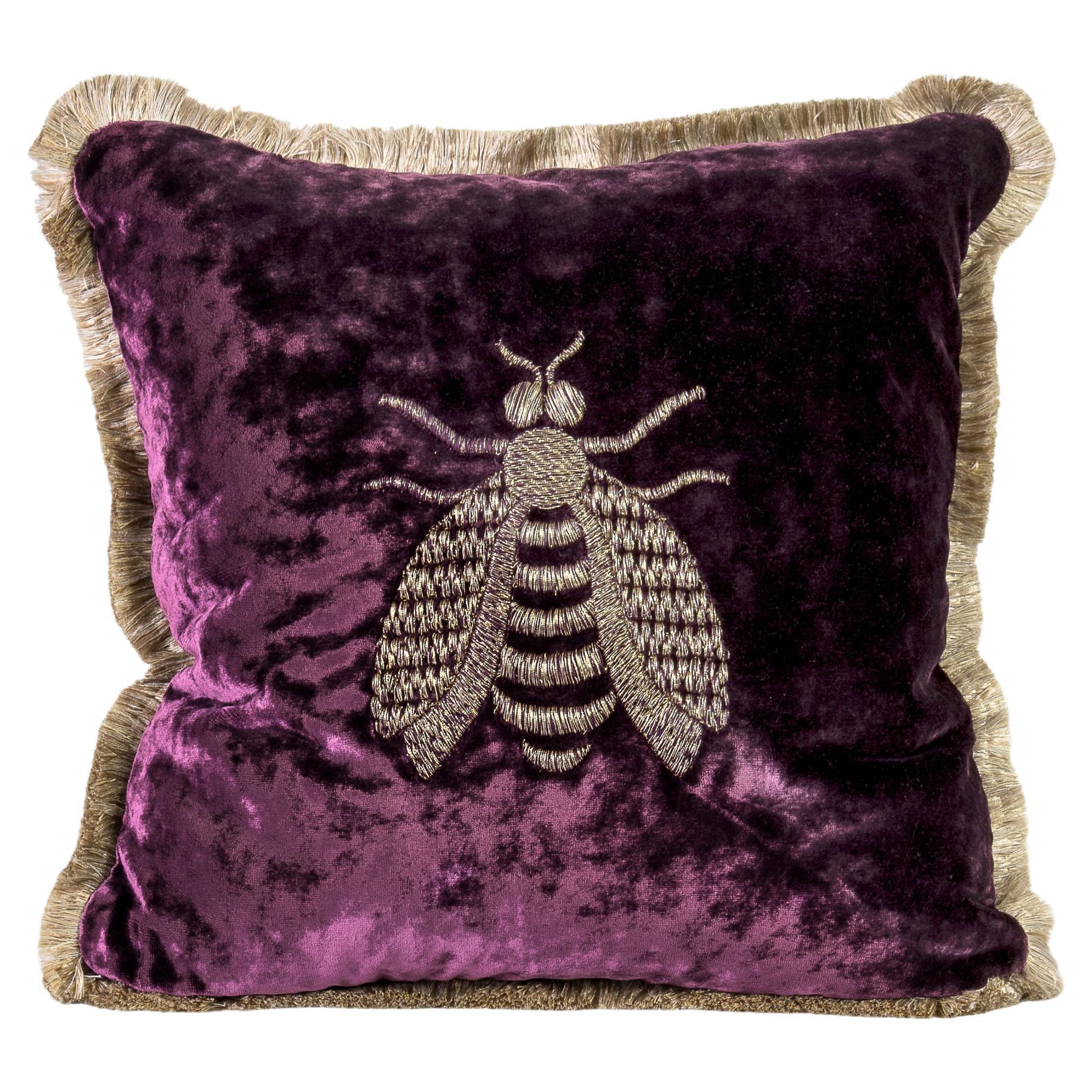 Cuscino Estensi in velluto di cotone con Ape regina ricamata, colore viola