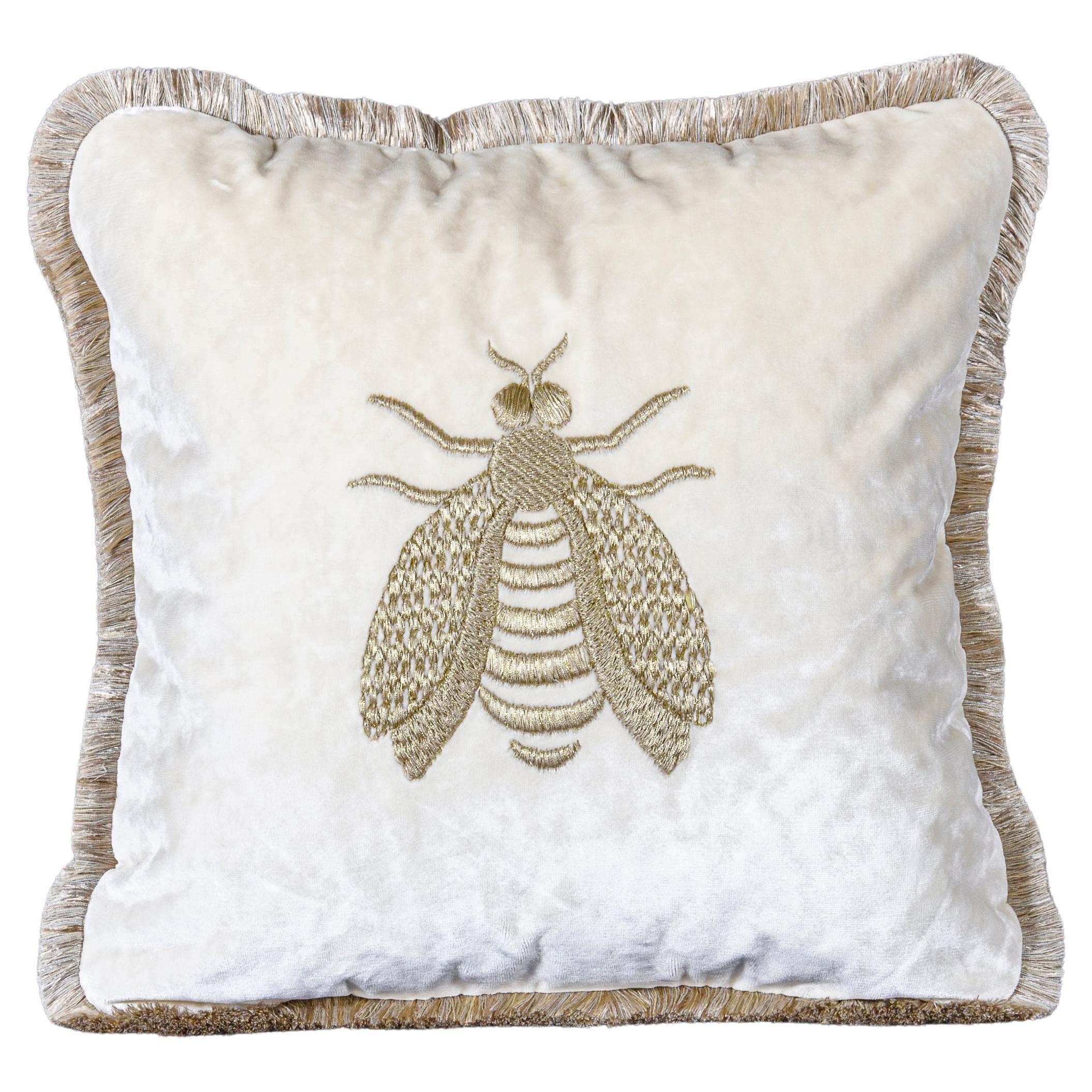 Estensi cotton velvet pillow with embroidered Queen Bee, ivory color