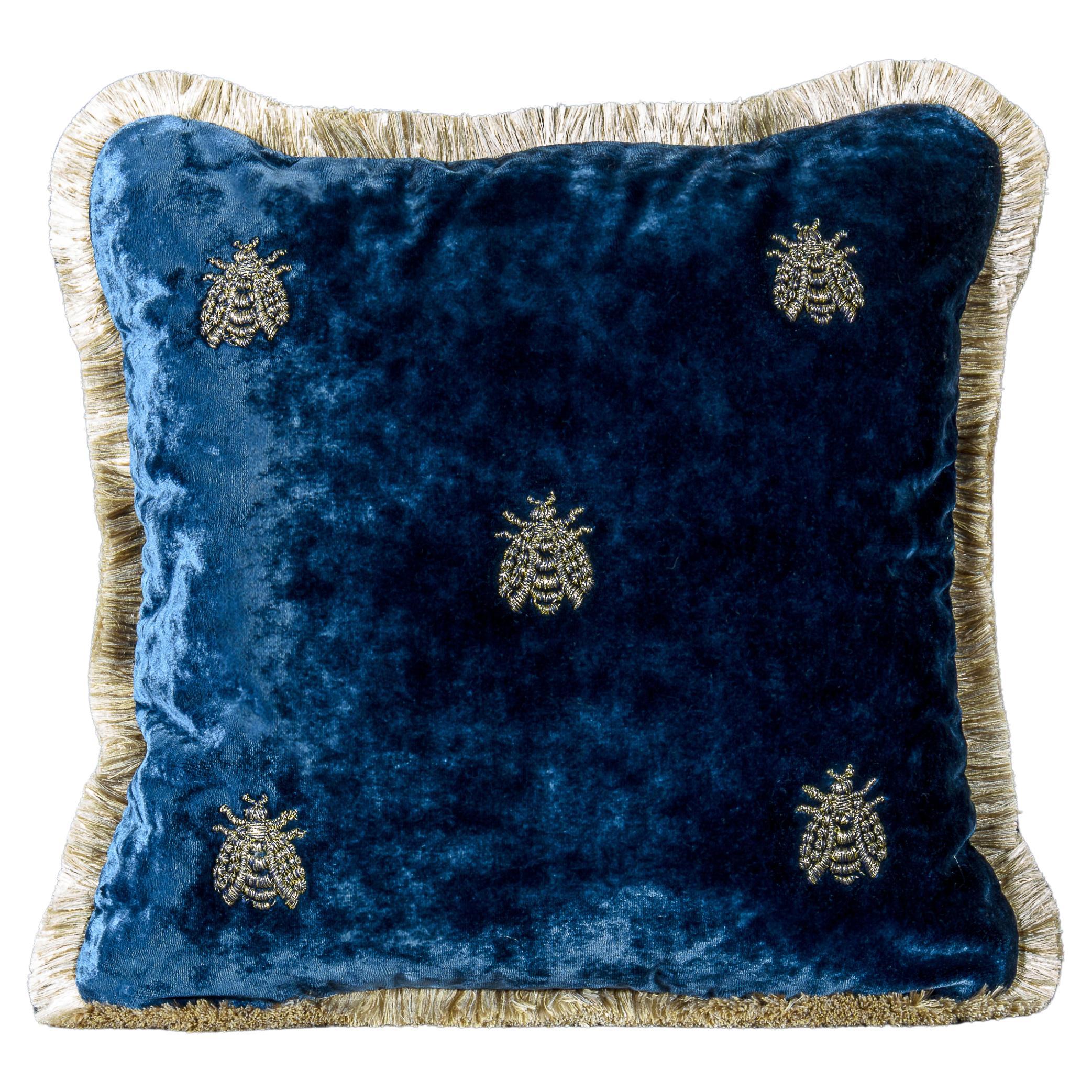 Estensi cotton velvet pillow with embroidered Bees, blue color
