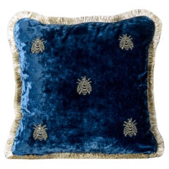 Estensi cotton velvet pillow with embroidered Bees, blue color