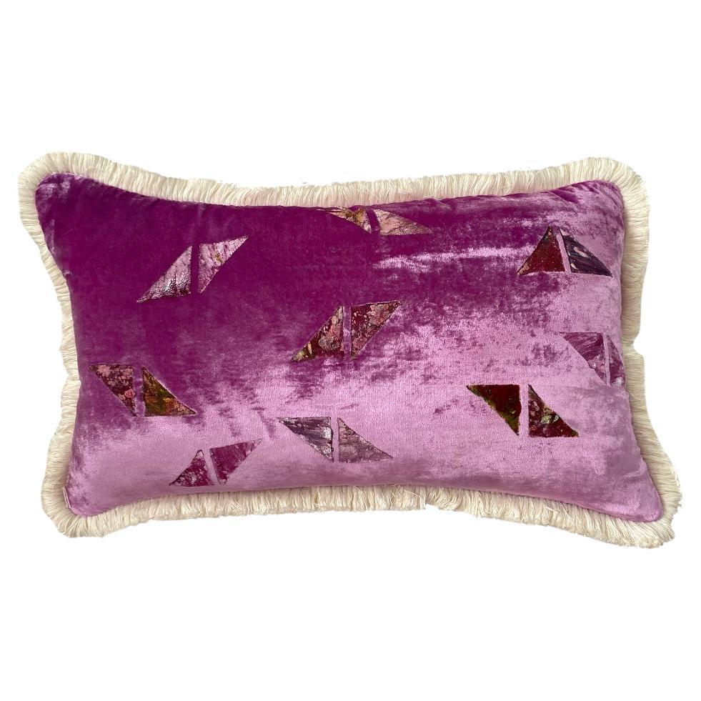 Rectangular pink silk velvet pillow with triangles