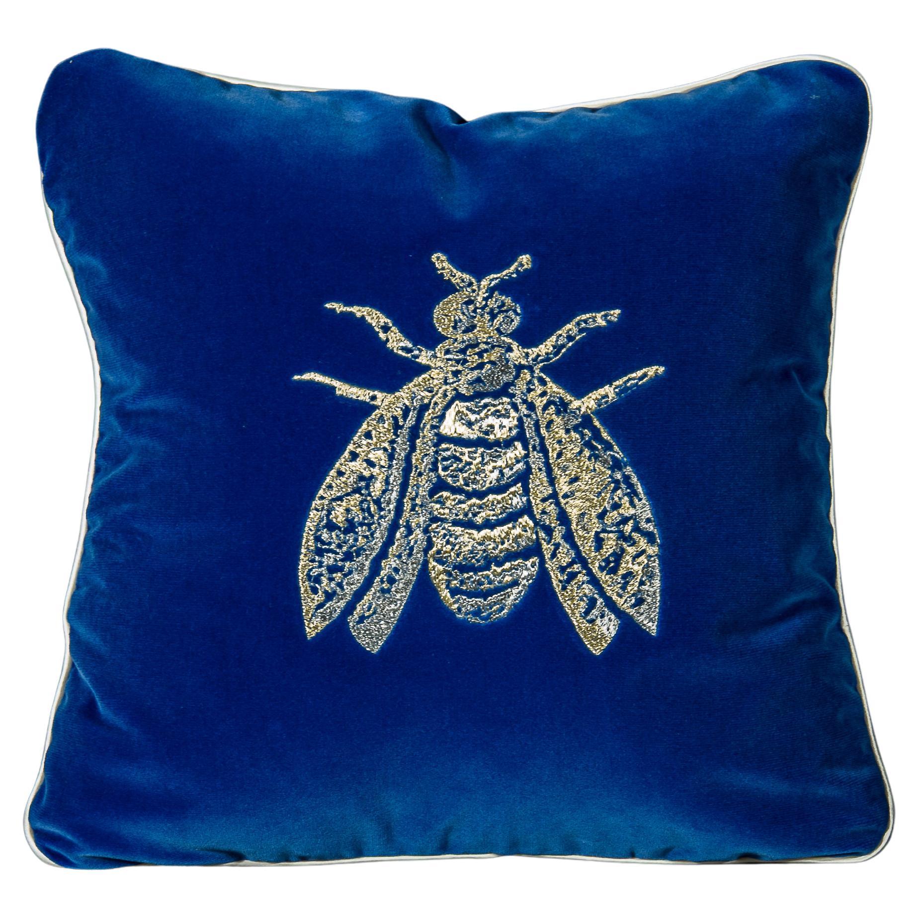 Little Joys cotton velvet pillow with embroidered Bee, light blue color