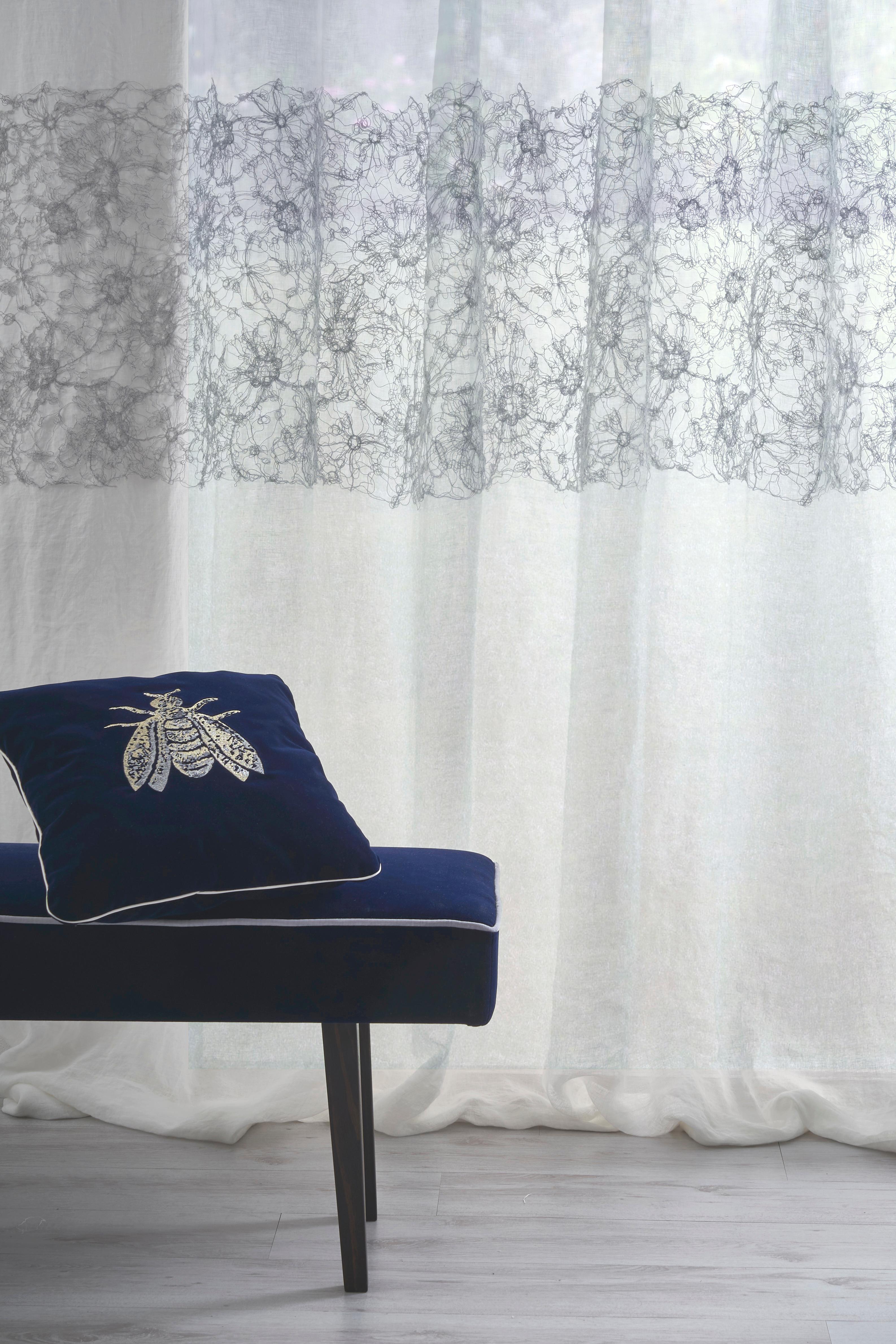 Embroidered Little Joys cotton velvet pillow with embroidered Bee, dark blue color For Sale