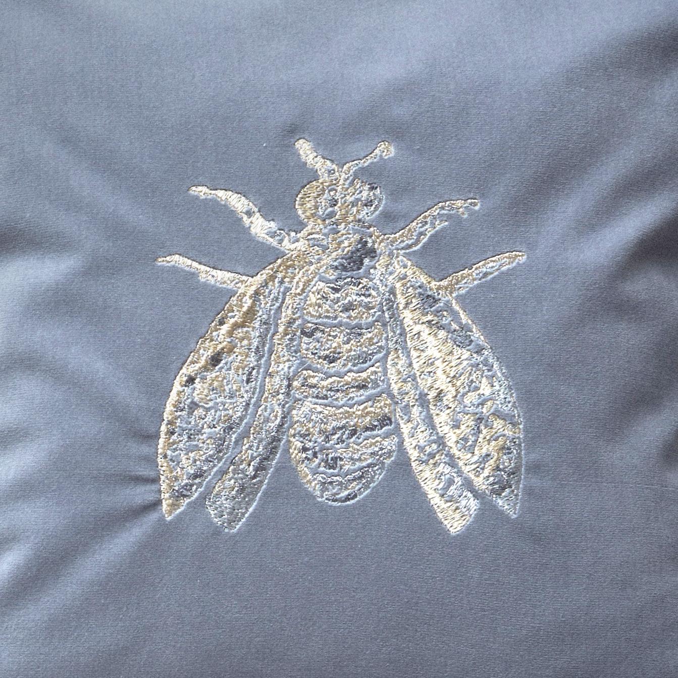 Italian Little Joys cotton velvet pillow with embroidered Bee, gray color For Sale