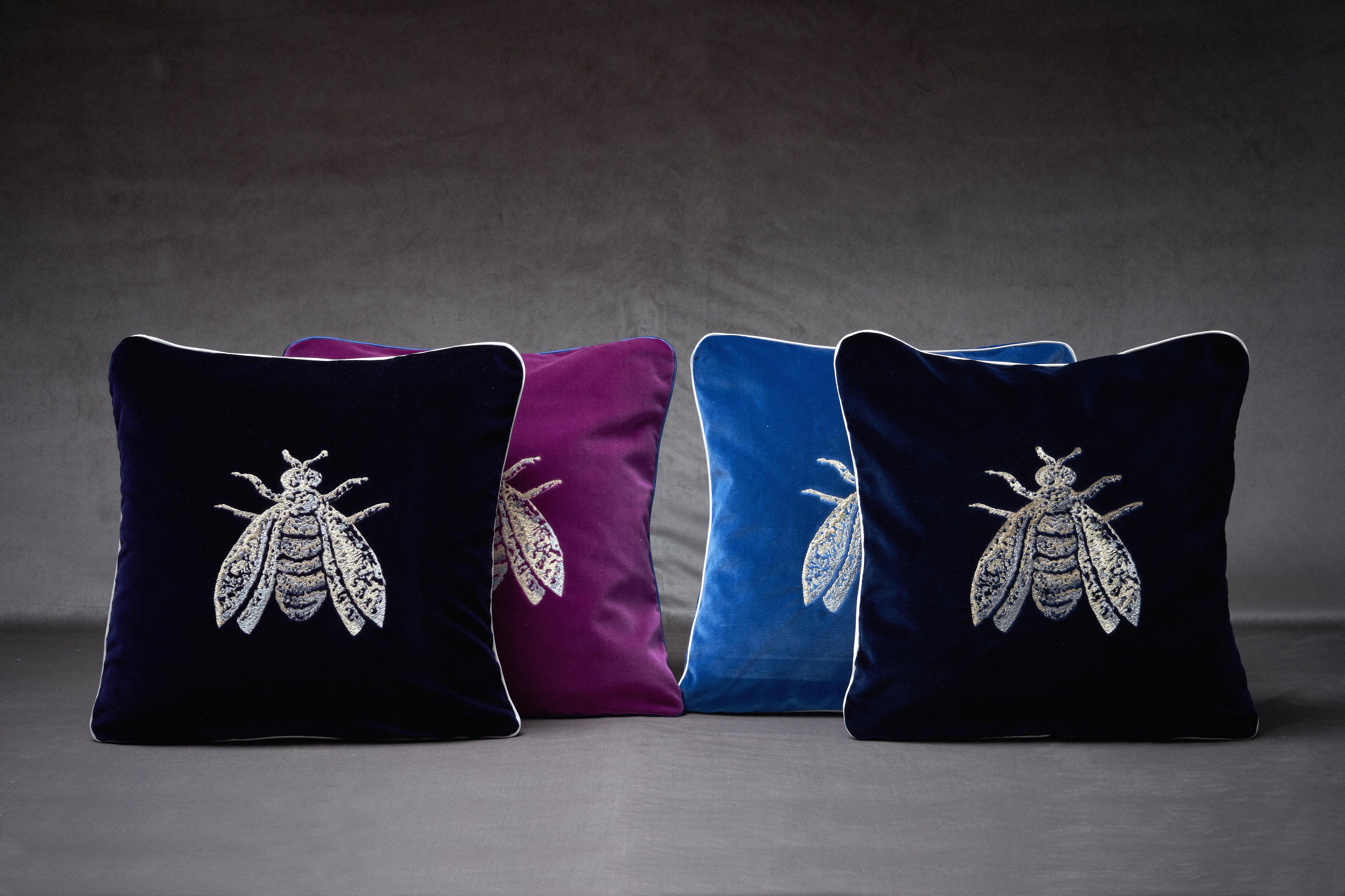 Contemporary Little Joys cotton velvet pillow with embroidered Bee, gray color For Sale