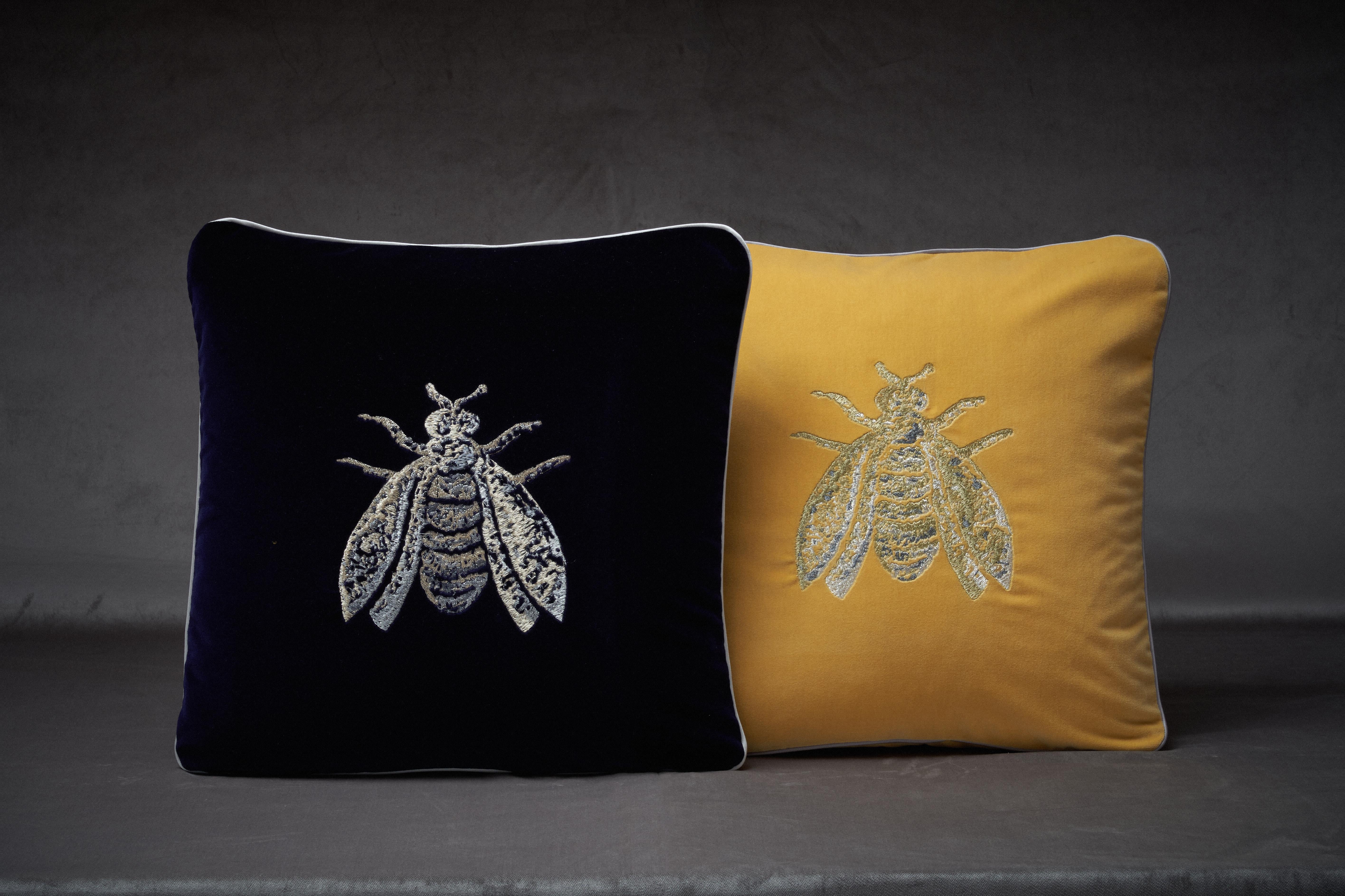 Velvet Little Joys cotton velvet pillow with embroidered Bee, gray color For Sale