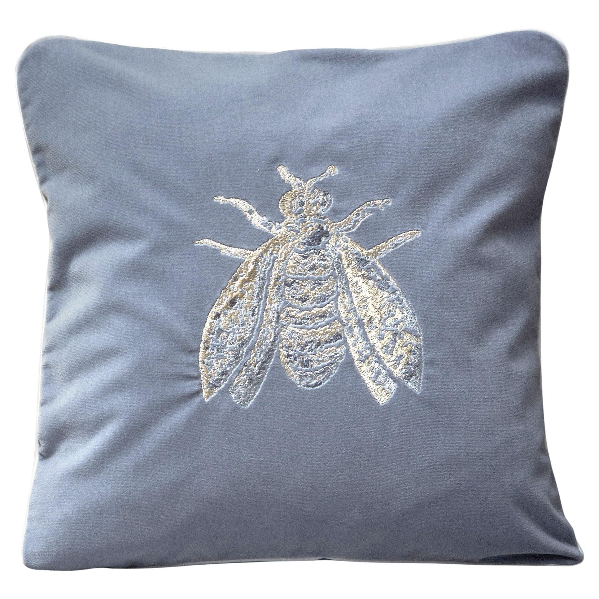 Little Joys cotton velvet pillow with embroidered Bee, gray color For Sale