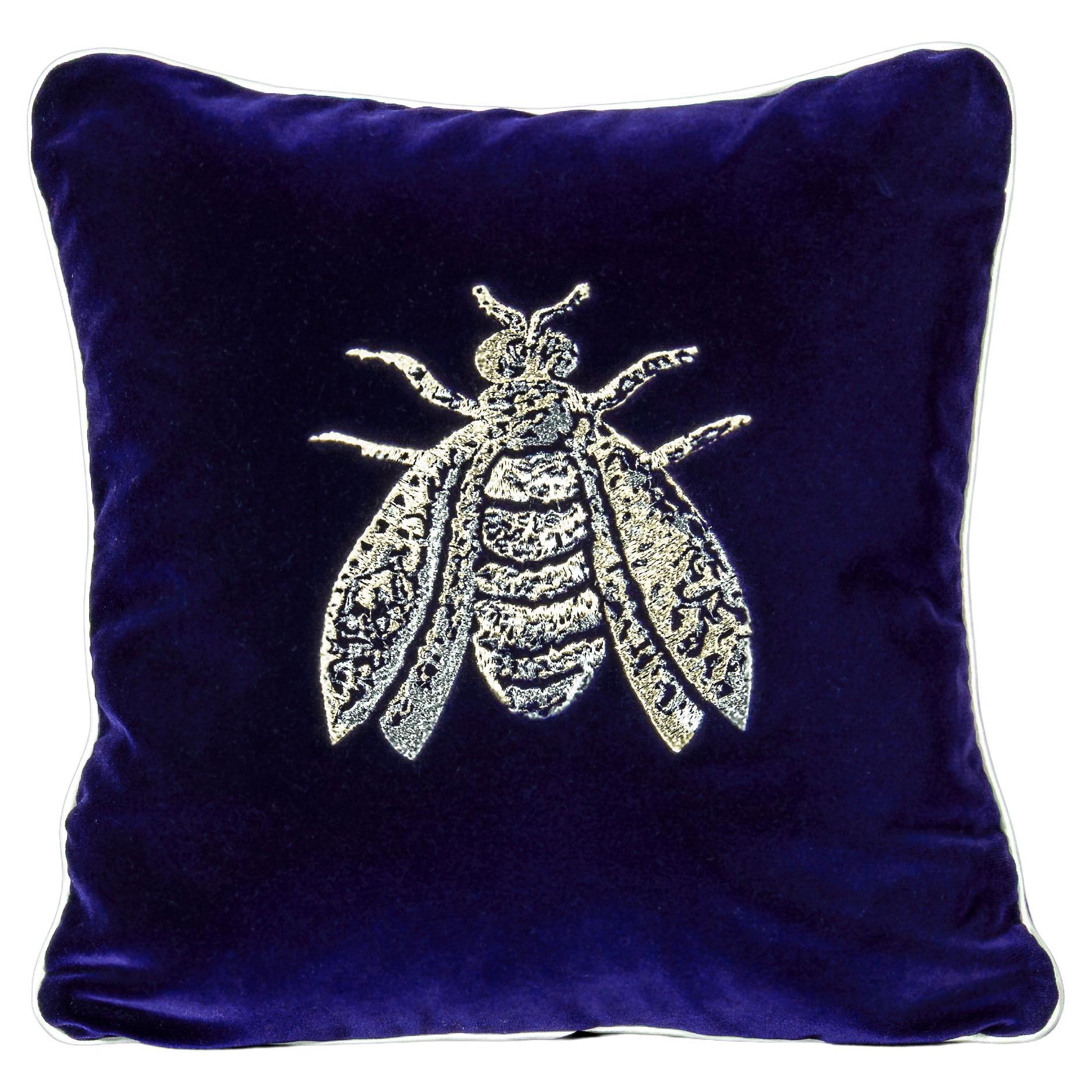 Little Joys cotton velvet pillow with embroidered Bee, tanzanite color