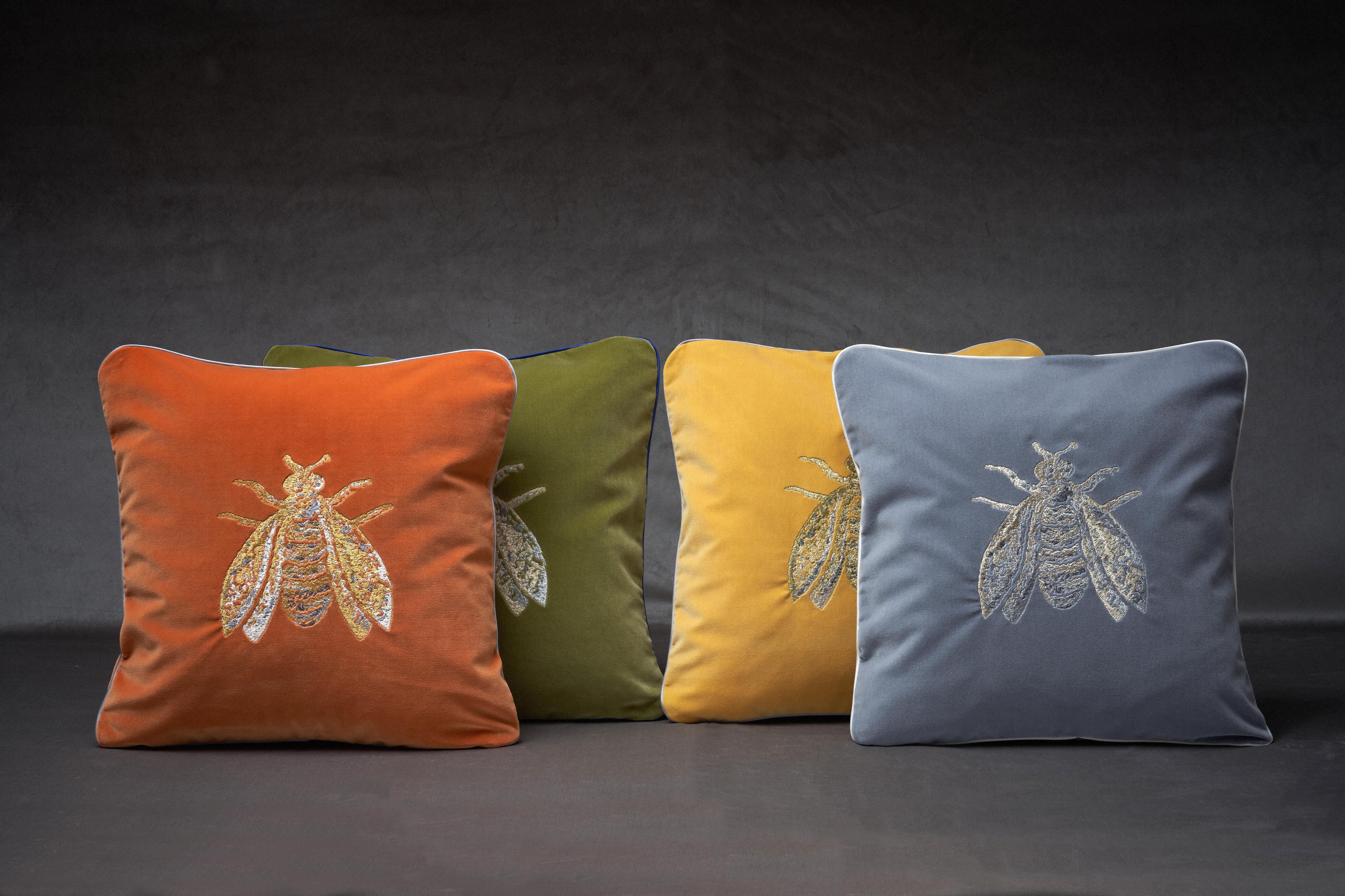 Little Joys cotton velvet pillow with embroidered Bee, dark blue color For Sale 1