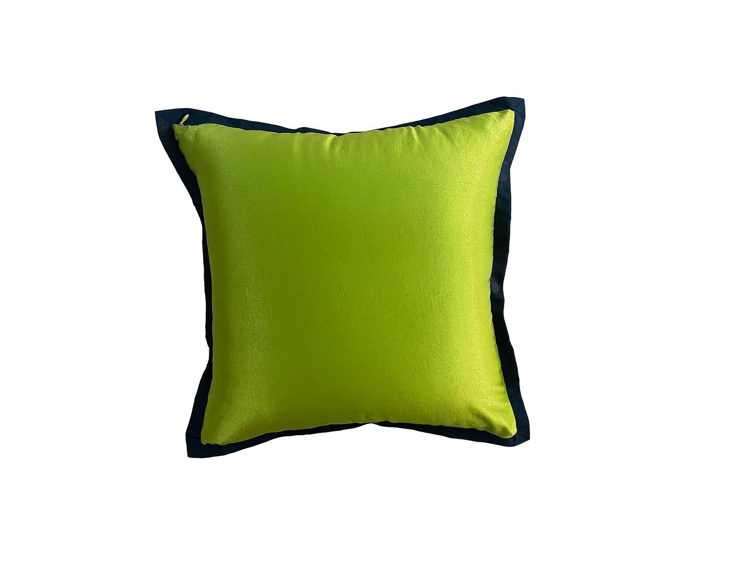 Delightfully artistic and luxurious, this silk velvet pillow is dyed with a mix of cornflower blue and green pigments. It is hand-painted with colored pastes in shades of green with white undertones. Embellished with gold leaf details. This