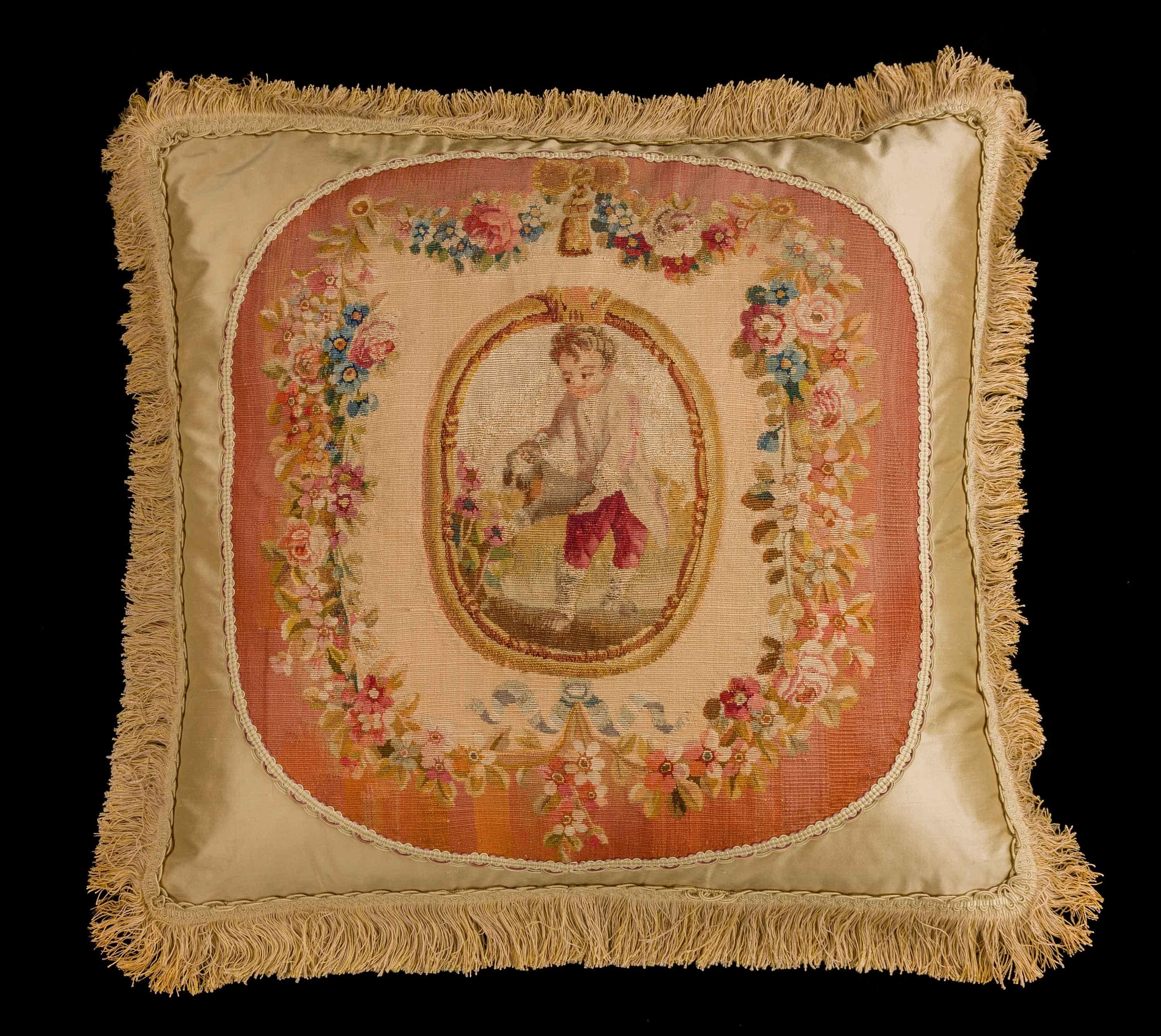 Cushion: 18th Century, Wool. A Child Gardening. In Excellent Condition In Peterborough, Northamptonshire