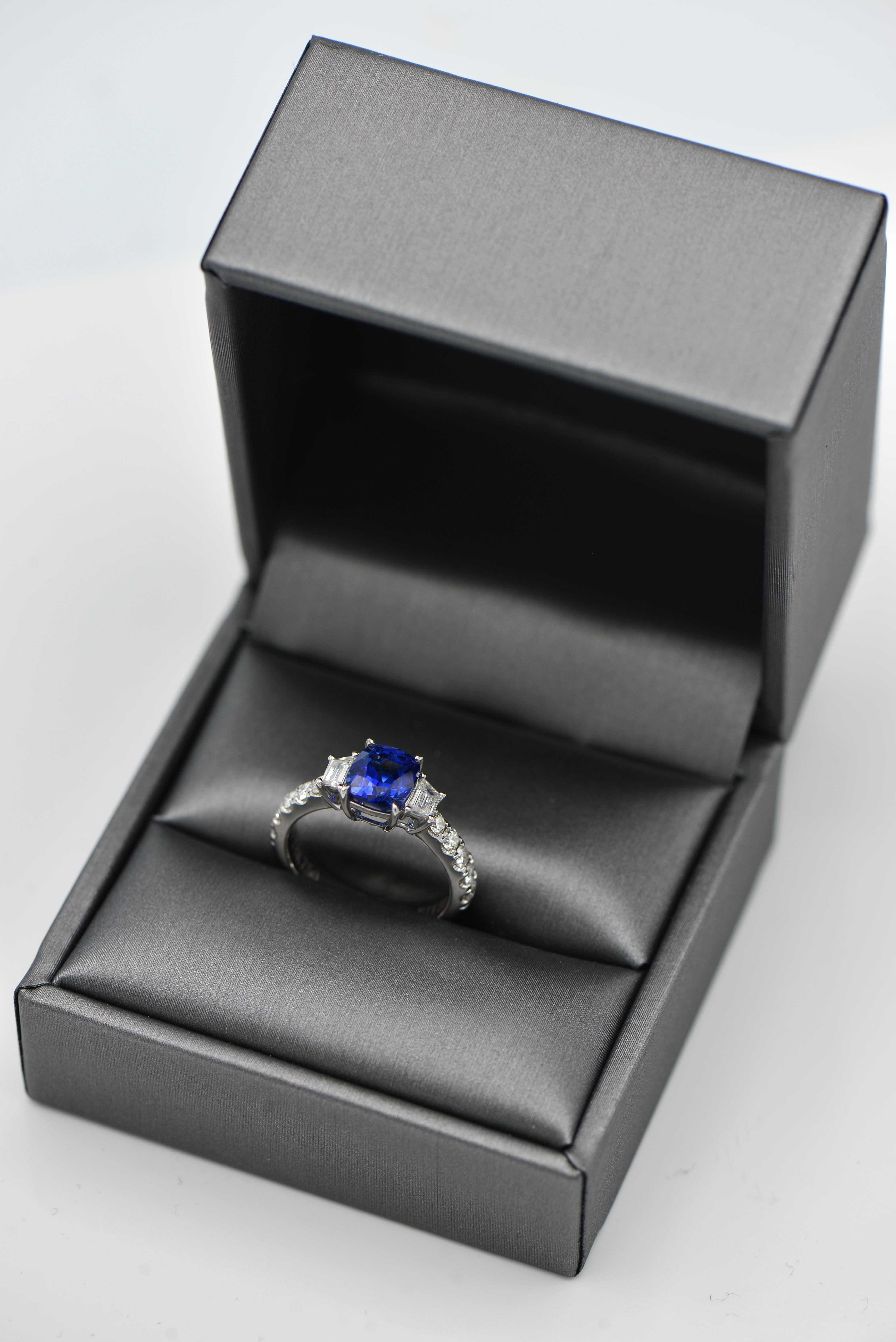 Contemporary Cushion 2.18 Sapphire Ring with Diamond Trapezoids with a Diamond Band
