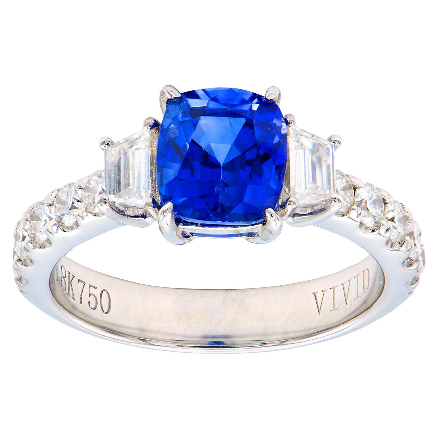 Cushion 2.18 Sapphire Ring with Diamond Trapezoids with a Diamond Band