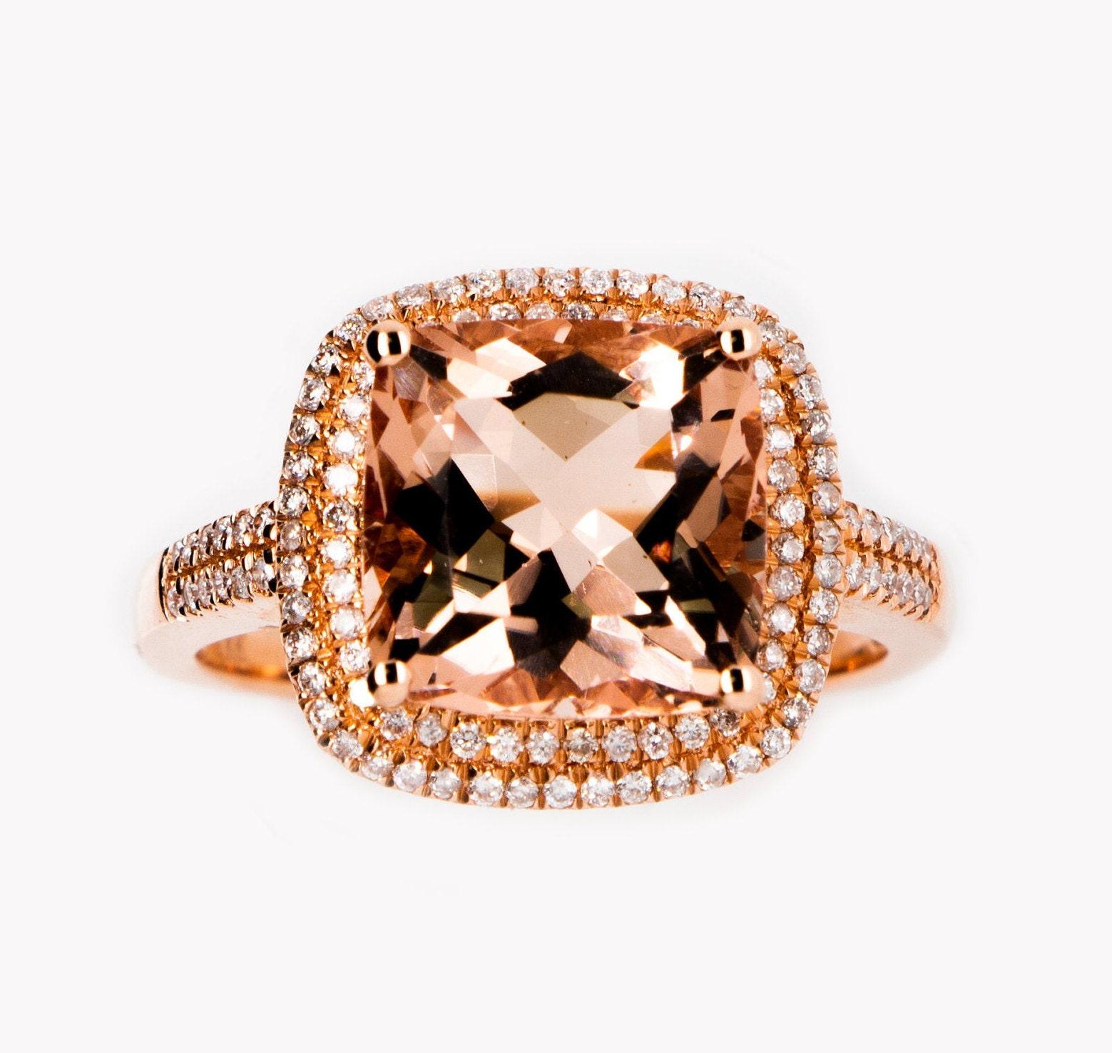 Cushion 4.40CT Morganite & Diamond Double Halo Ring  In New Condition For Sale In New York, NY
