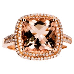 Bague à double halo de diamants et morganite taille coussin de 4,40 carats 