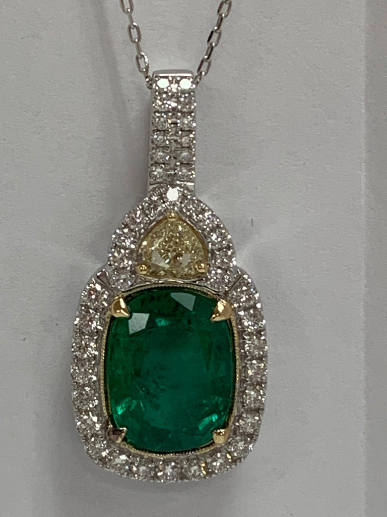 Cushion 6.02 Carat Emerald Yellow and White Diamond Pendant For Sale at ...