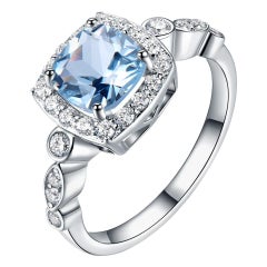 Cushion 7 x 7 Aquamarine Sky Blue Cubic Zirconia Sterling Silver Ring