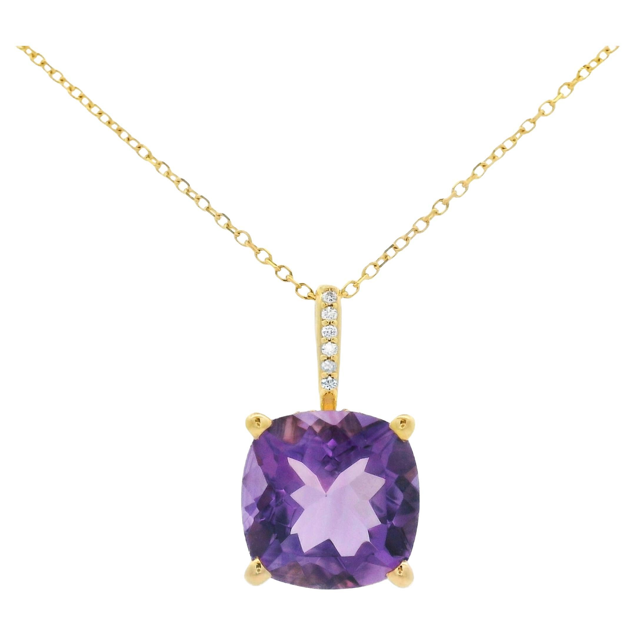 Cushion Amethyst and Diamond Pendant in 14K Yellow Gold, 18 Inch