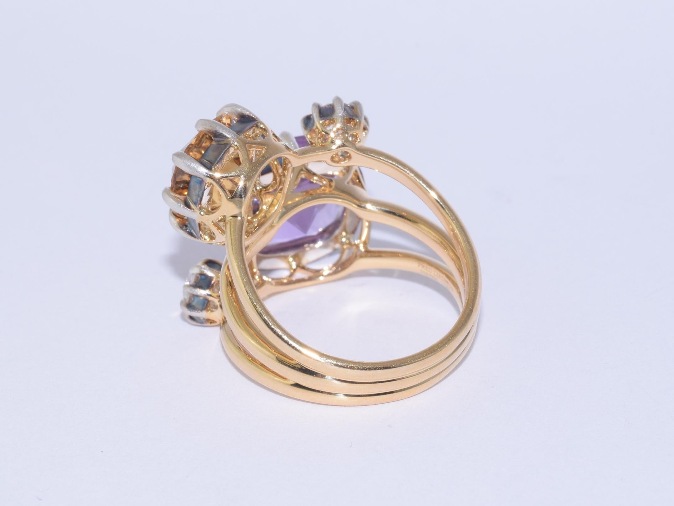 Cushion Cut Cushion Amethyst, Citrine and Diamond Collet Stack Ring Signed Fred Leighton